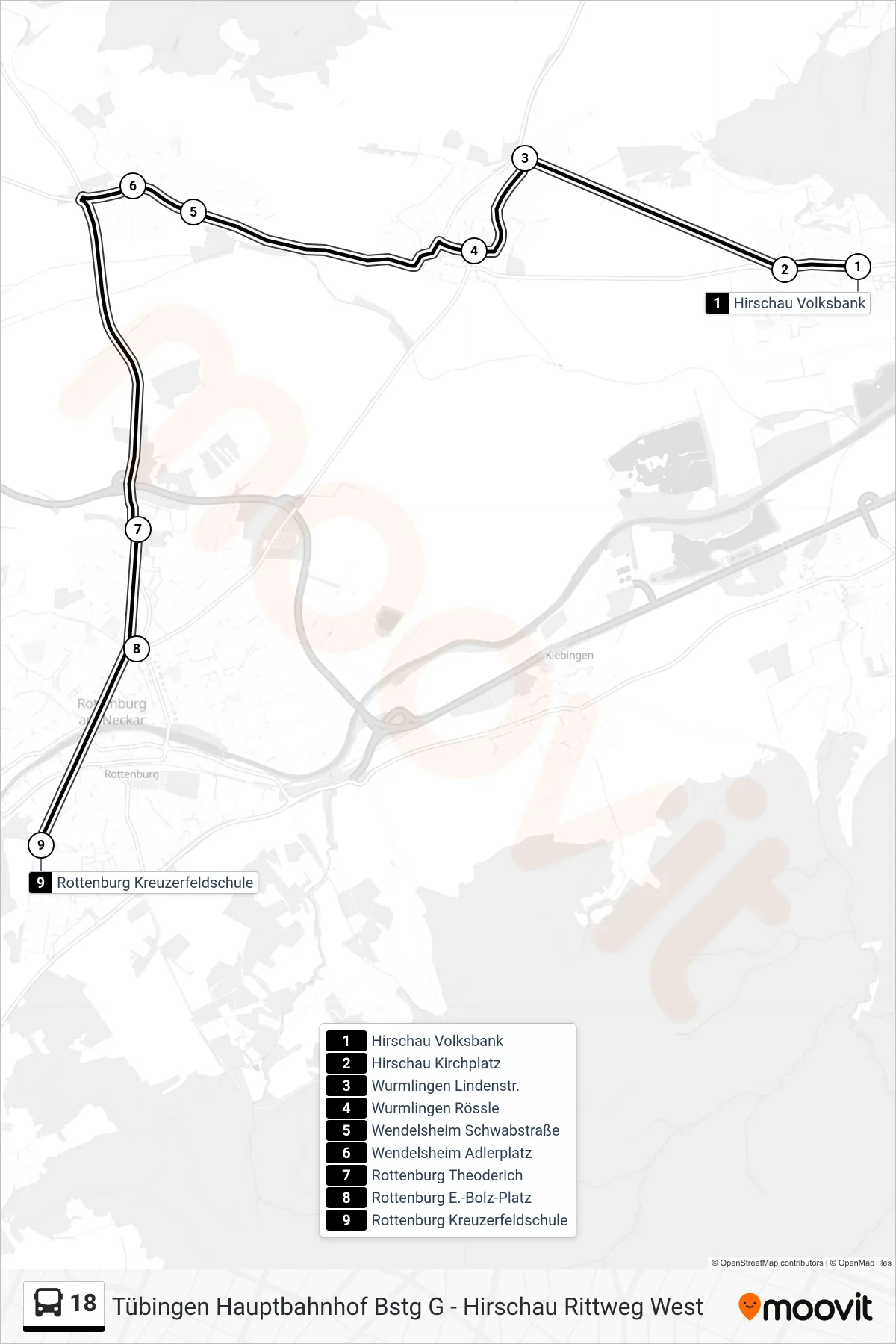 18 bus Line (Rottenburg Kreuzerfeldschule) route and stops on a map