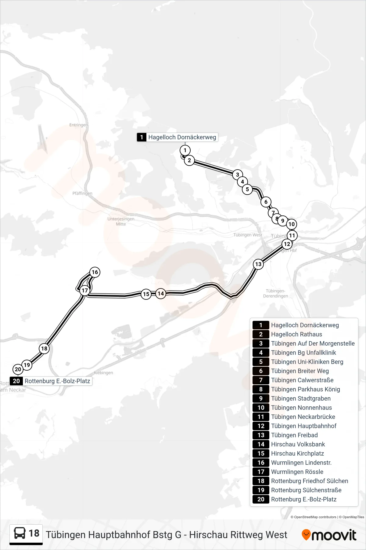 18 bus Line (Rottenburg E.-Bolz-Platz) route and stops on a map