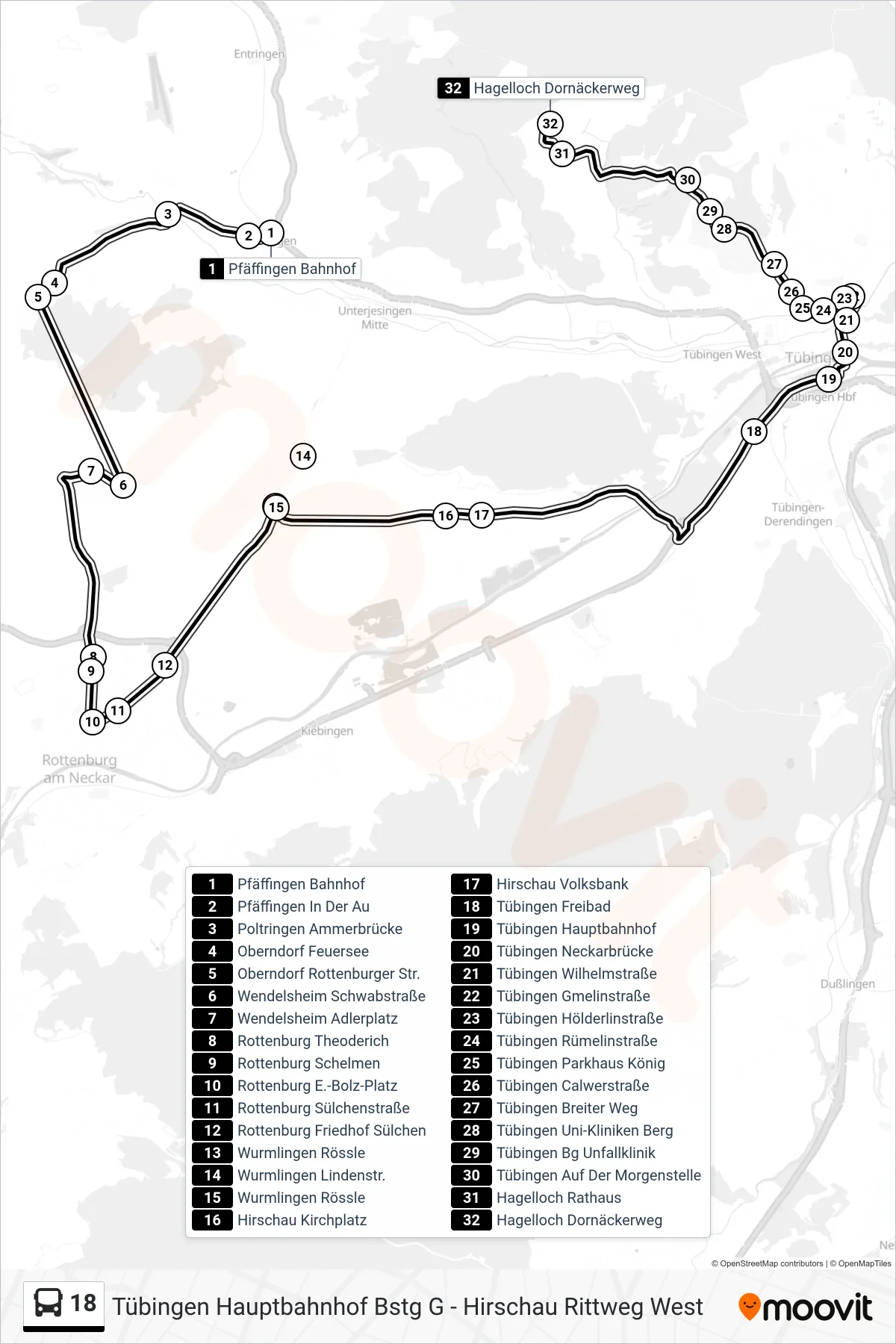 18 bus Line (Hagelloch Dornäckerweg) route and stops on a map