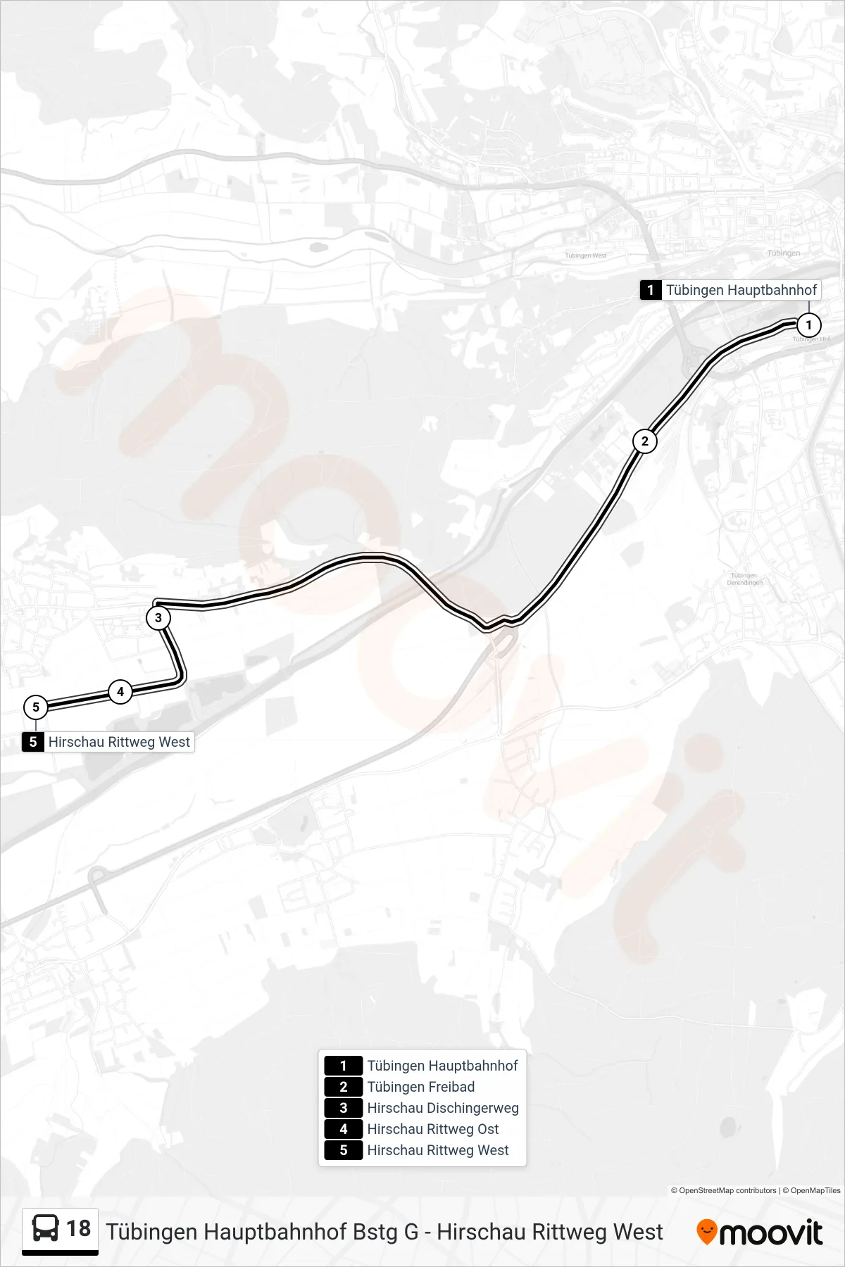Linie 18 (Bus) Richtung Hirschau Rittweg West: Route und Haltestellen auf der Karte