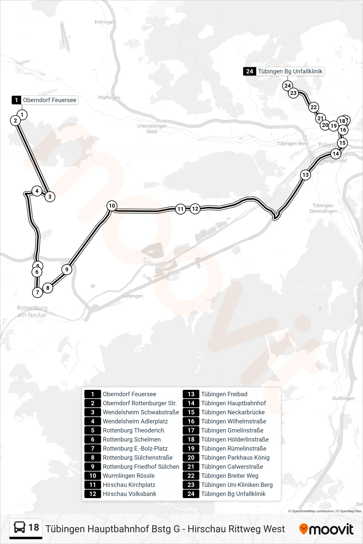 18 bus Line (Tübingen Bg Unfallklinik) route and stops on a map