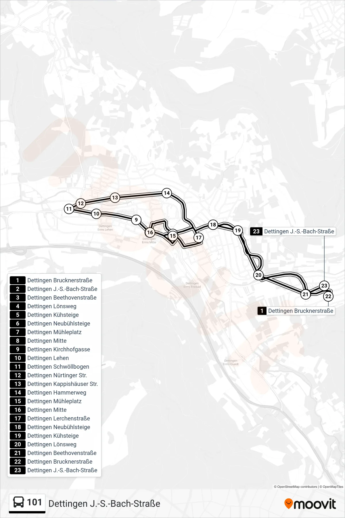 101 bus Line (Dettingen J.-S.-Bach-Straße) route and stops on a map