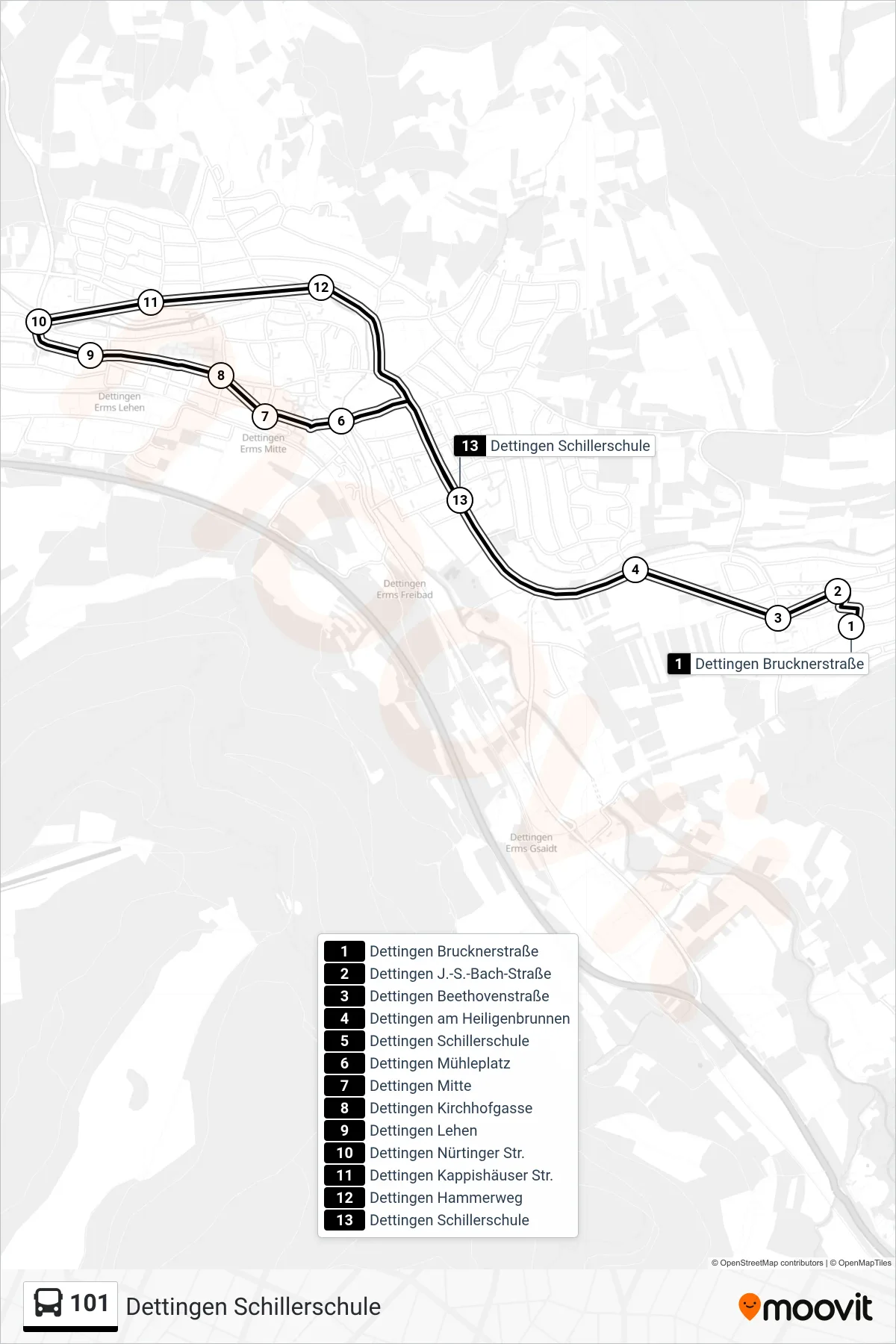101 bus Line (Dettingen Schillerschule) route and stops on a map