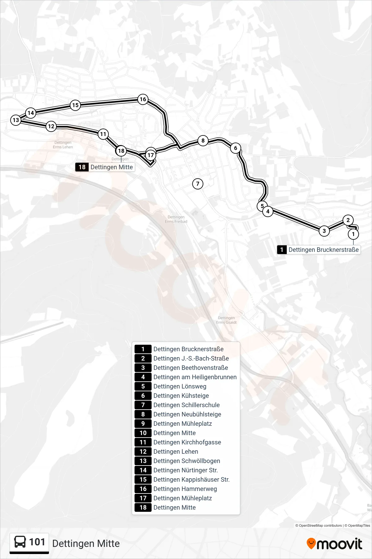 Linie 101 (Bus) Richtung Dettingen Mitte: Route und Haltestellen auf der Karte