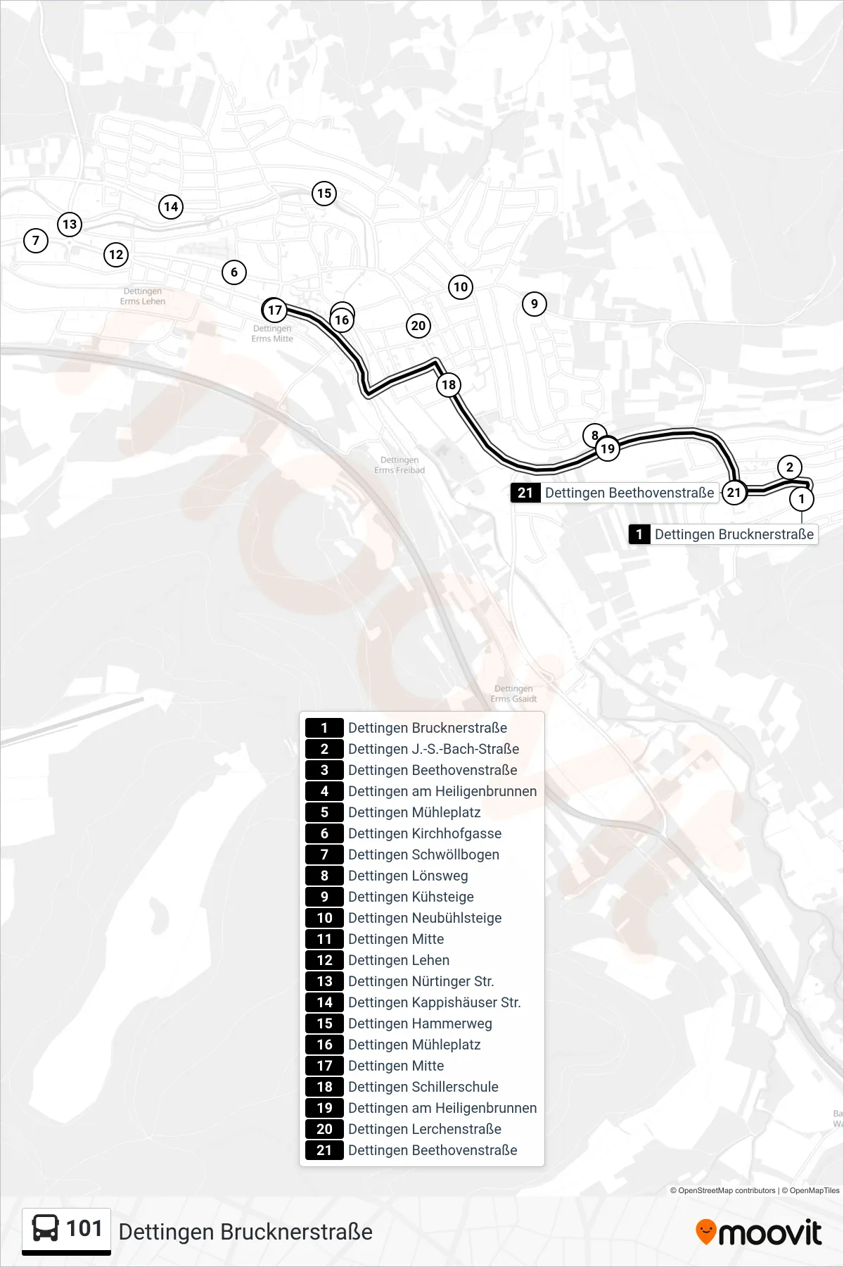 101 bus Line (Dettingen Brucknerstraße) route and stops on a map