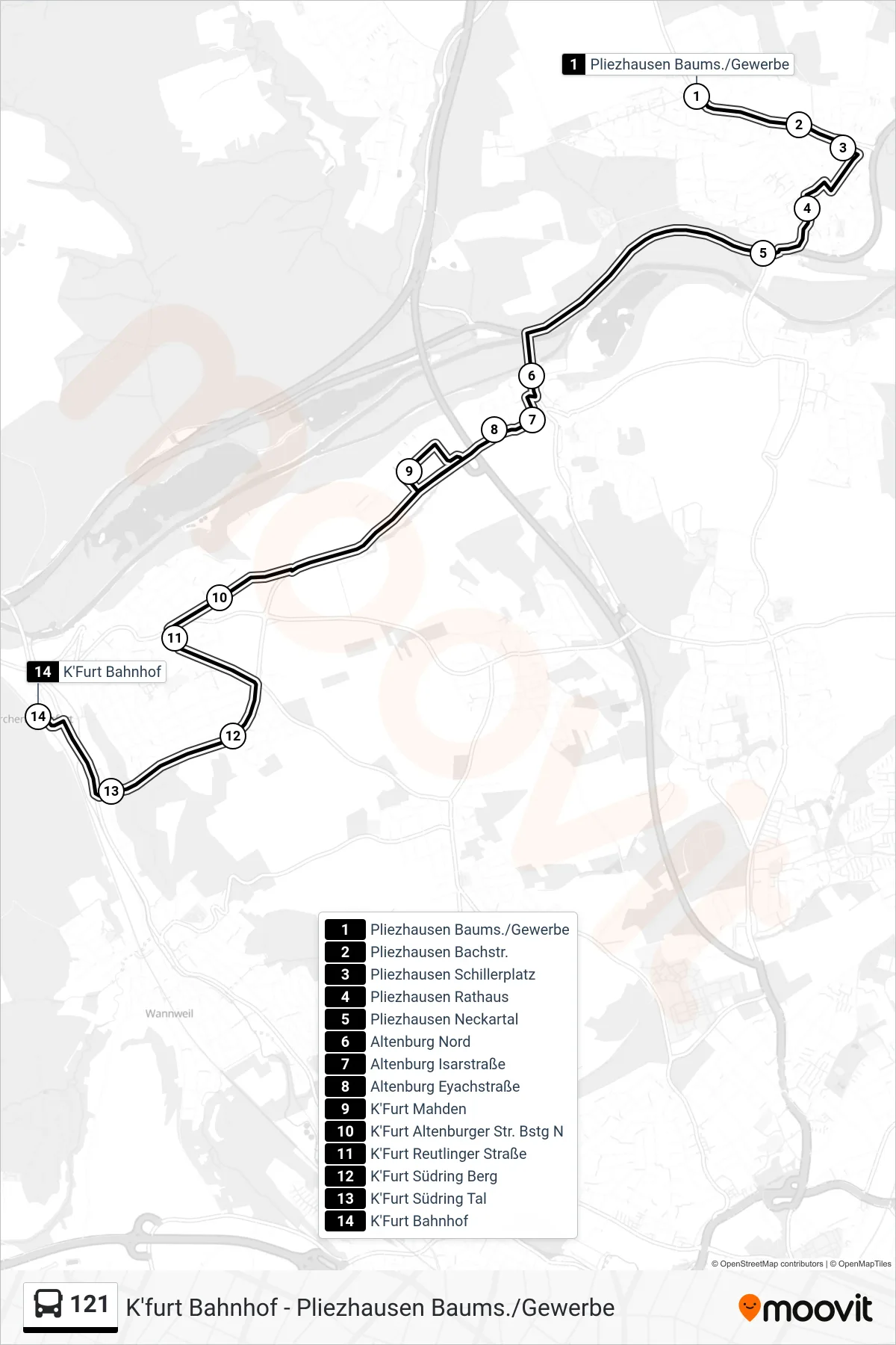 121 bus Line (K'Furt Bahnhof) route and stops on a map