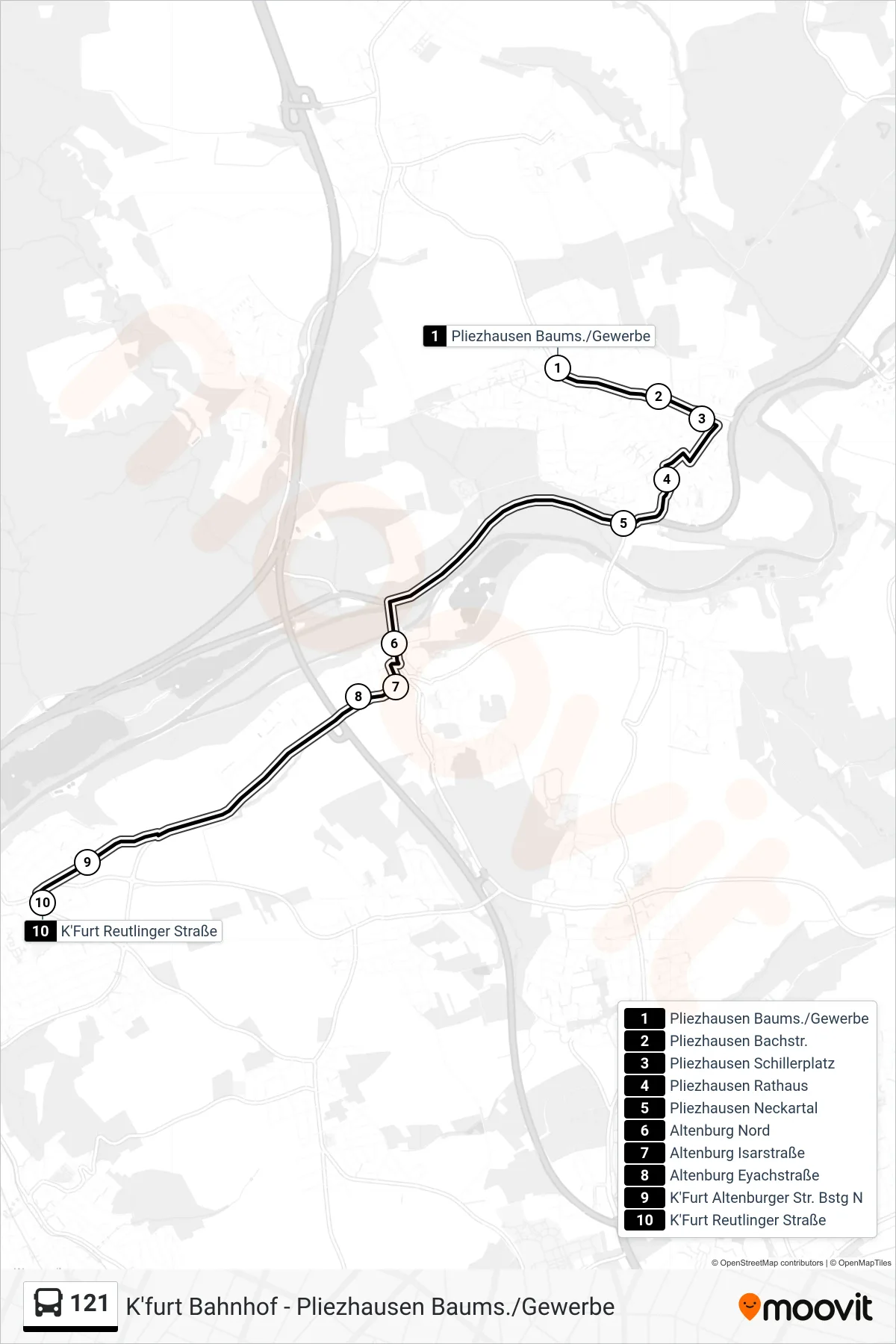 121 bus Line (K'Furt Reutlinger Straße) route and stops on a map