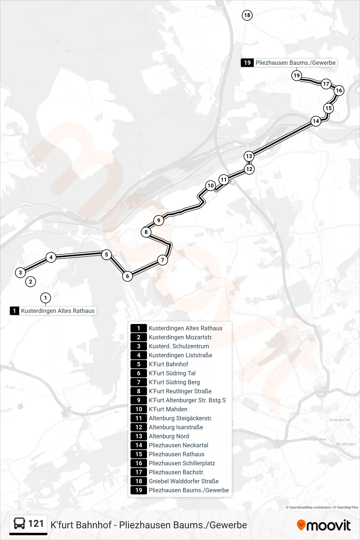 121 bus Line (Pliezhausen Baums./Gewerbe) route and stops on a map