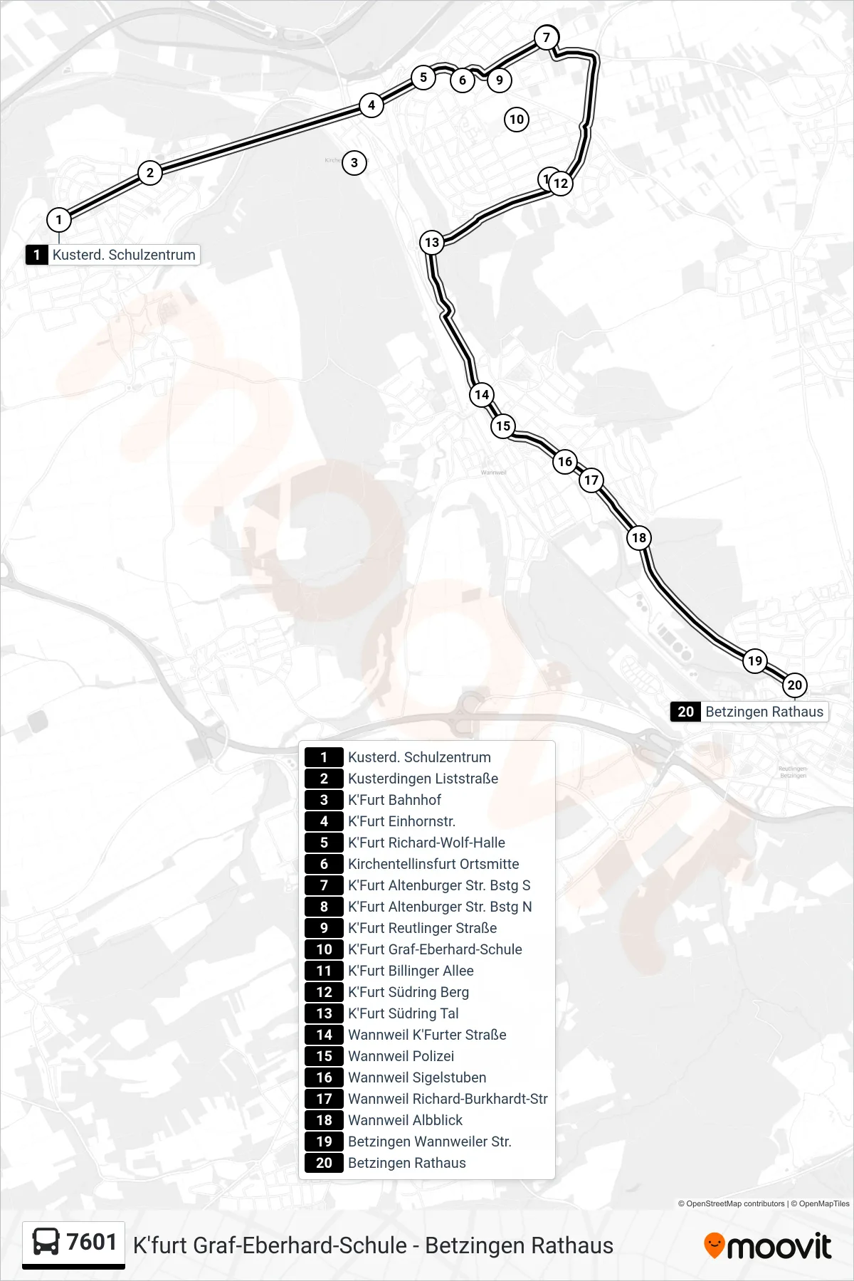 7601 bus Line (Betzingen Rathaus) route and stops on a map