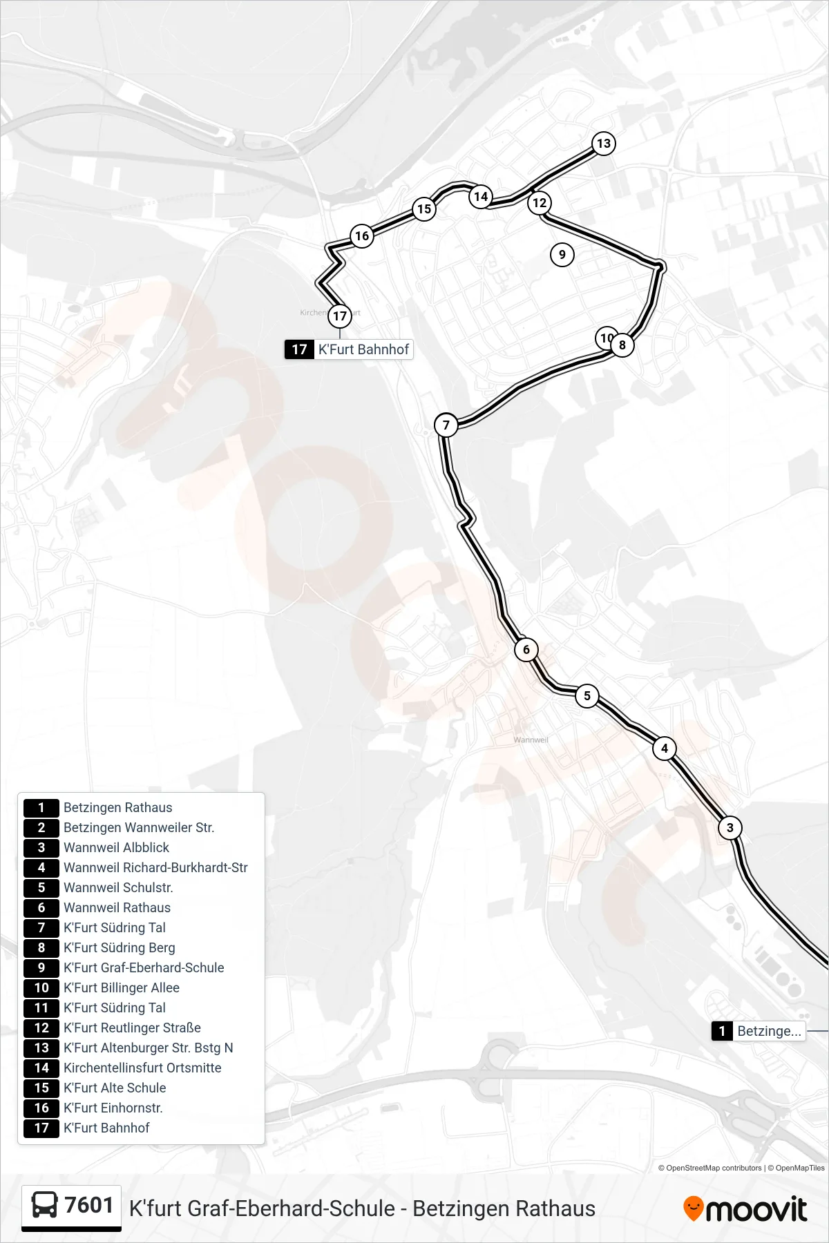 Linie 7601 (Bus) Richtung K'Furt Bahnhof: Route und Haltestellen auf der Karte