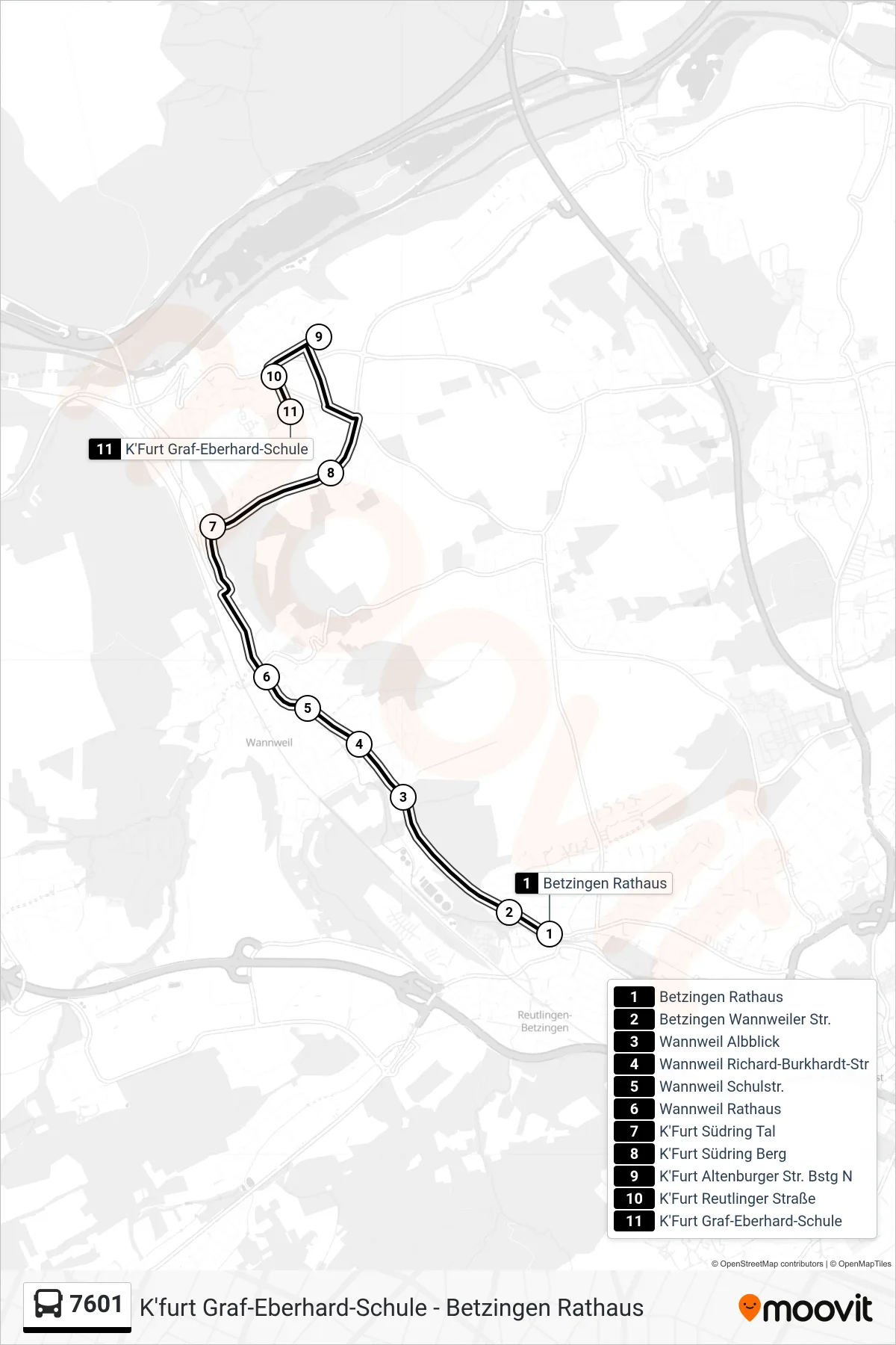 7601 bus Line (K'Furt Graf-Eberhard-Schule) route and stops on a map