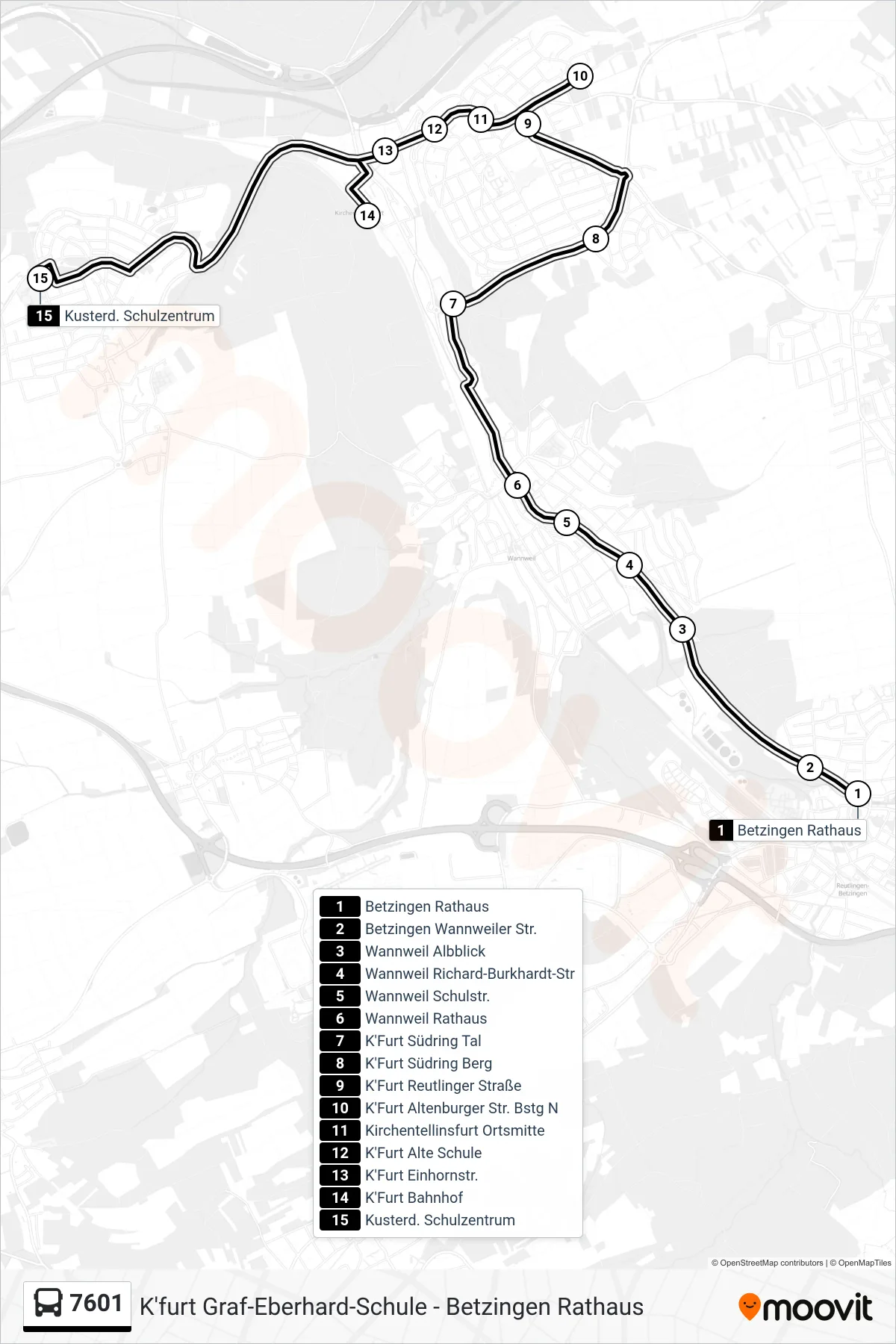 7601 bus Line (Kusterd. Schulzentrum) route and stops on a map