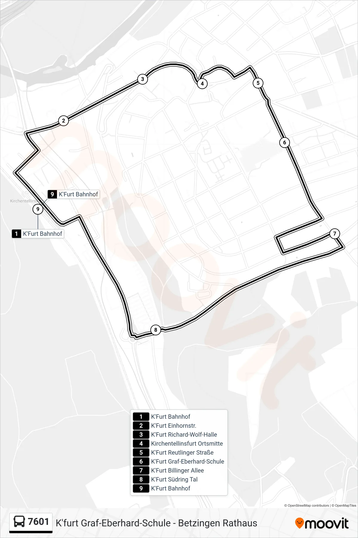 7601 bus Line (K'Furt Bahnhof) route and stops on a map