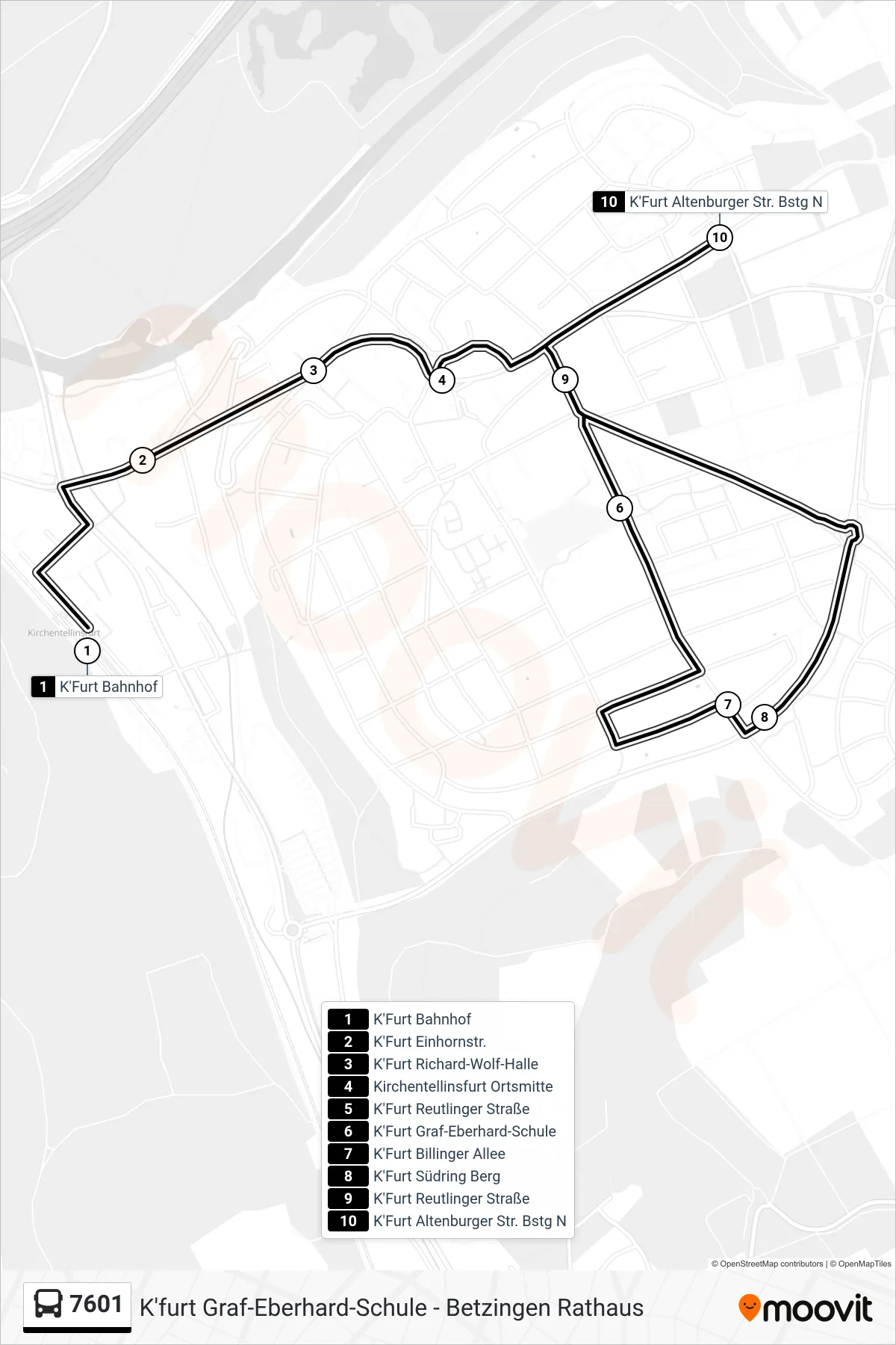 7601 bus Line (K'Furt Altenburger Str.) route and stops on a map
