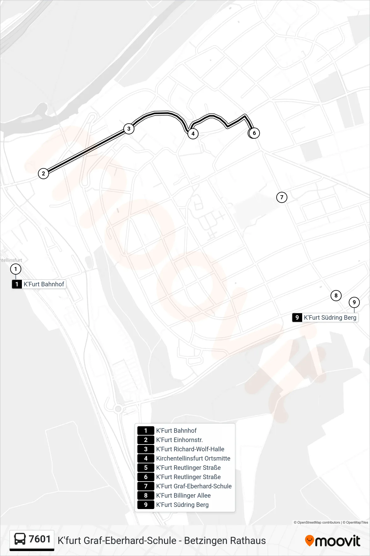 7601 bus Line (K'Furt Reutlinger Straße) route and stops on a map