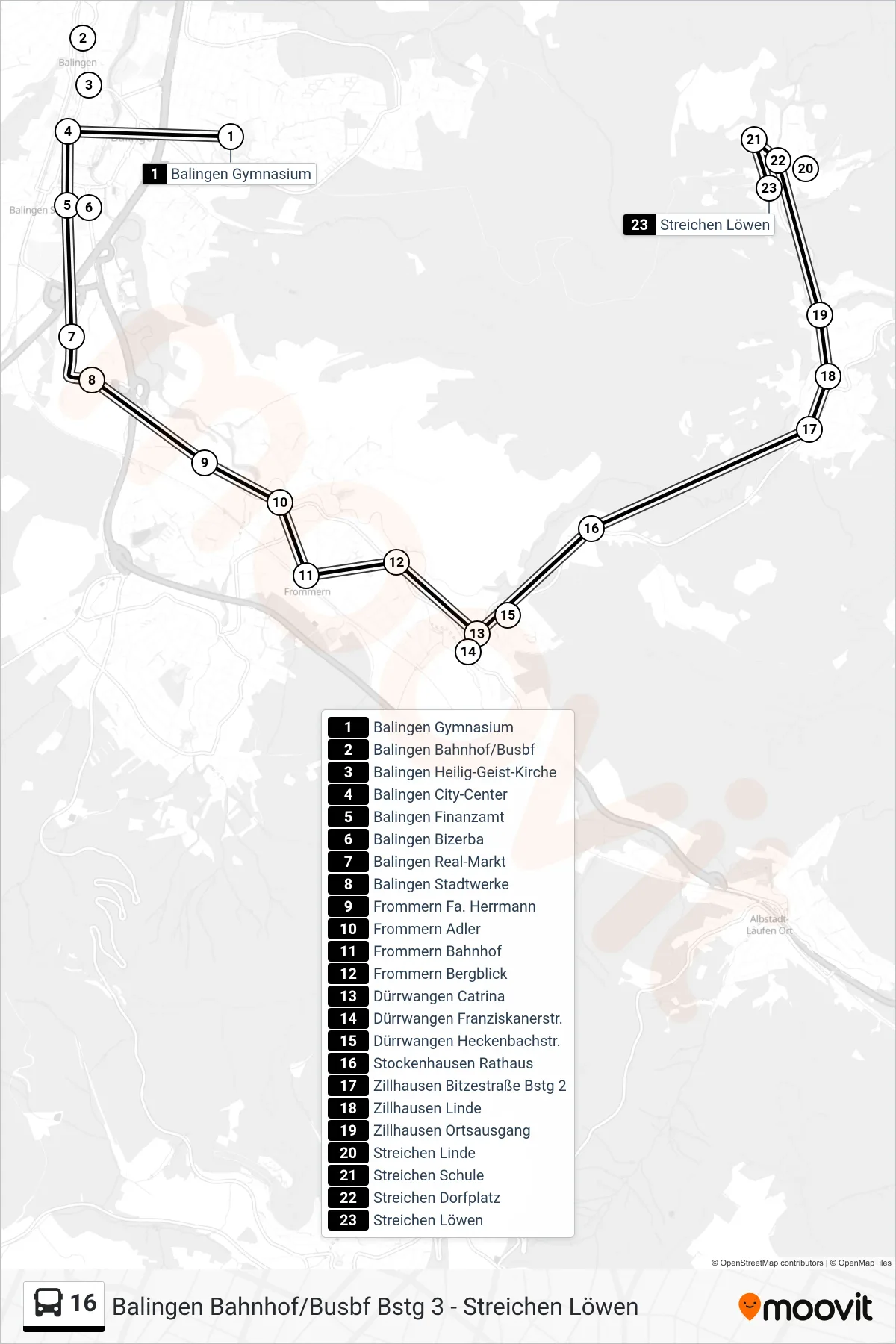 16 bus Line (Streichen Löwen) route and stops on a map