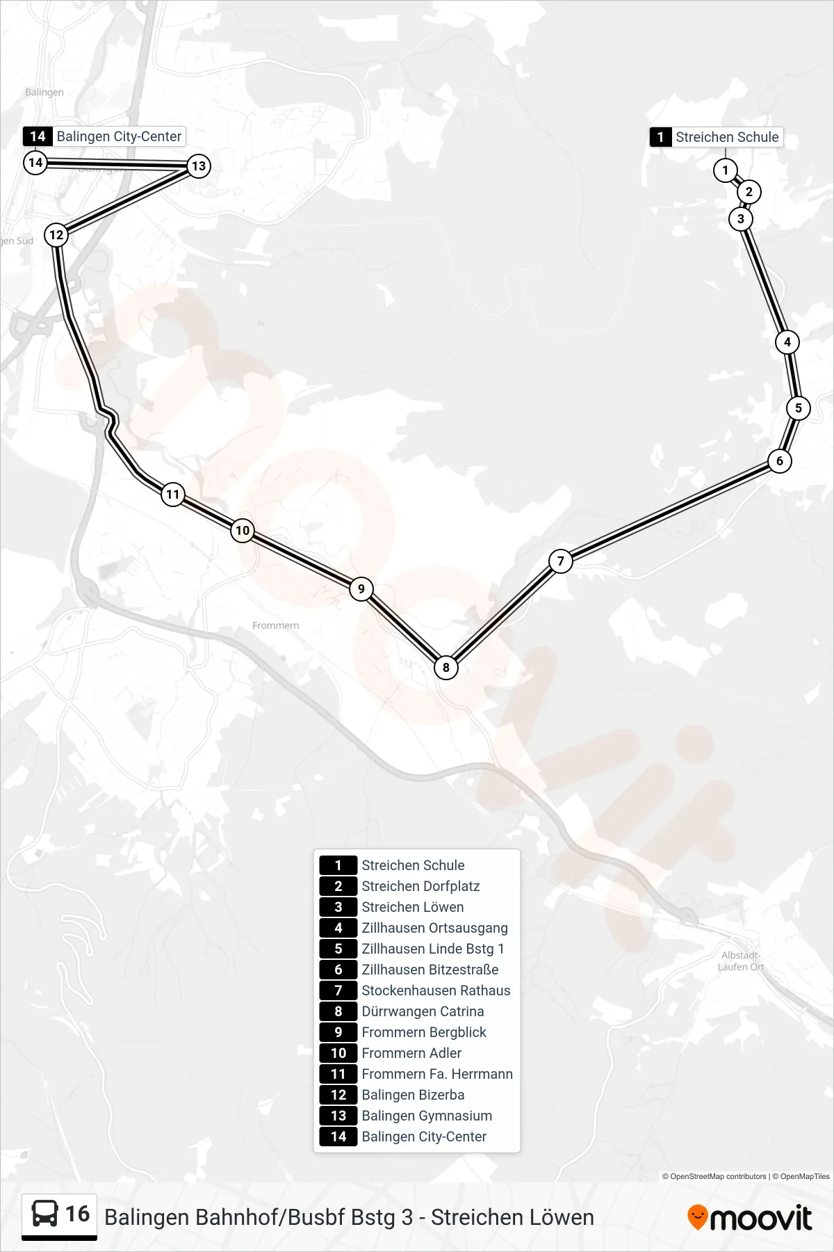 16 bus Line (Balingen City-Center) route and stops on a map
