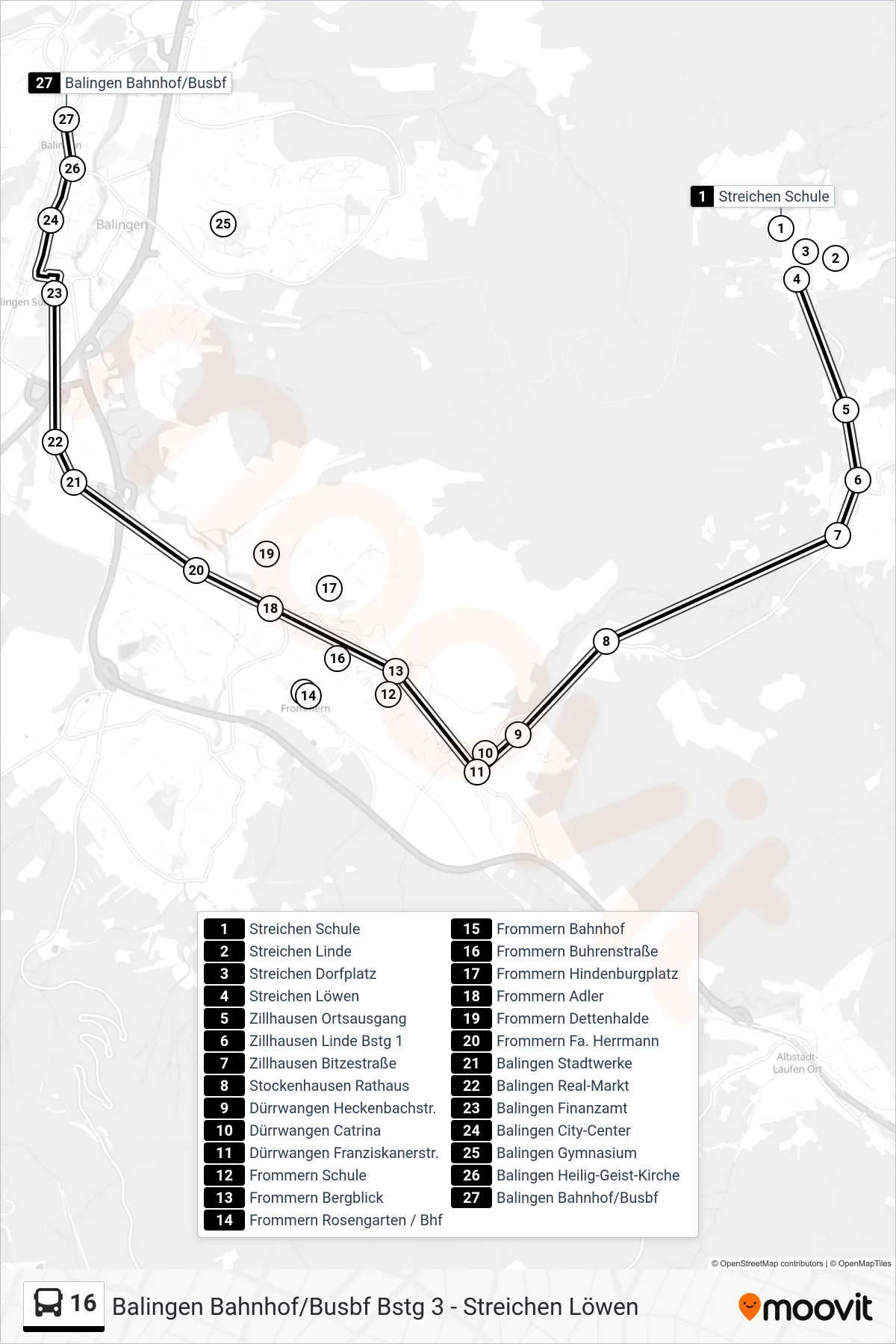 16 bus Line (Balingen Bahnhof/Busbf) route and stops on a map
