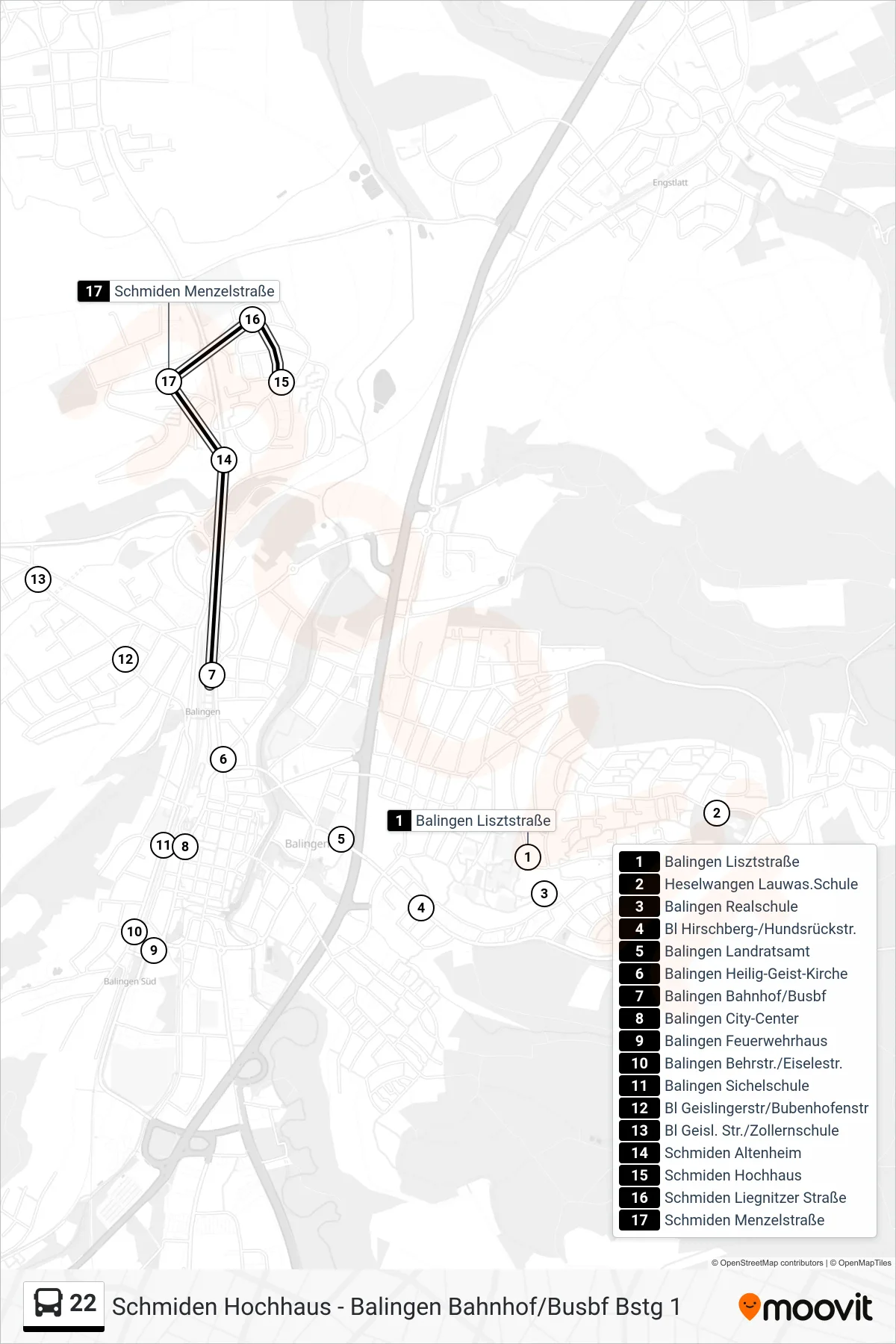 22 bus Line (Balingen Bahnhof/Busbf) route and stops on a map