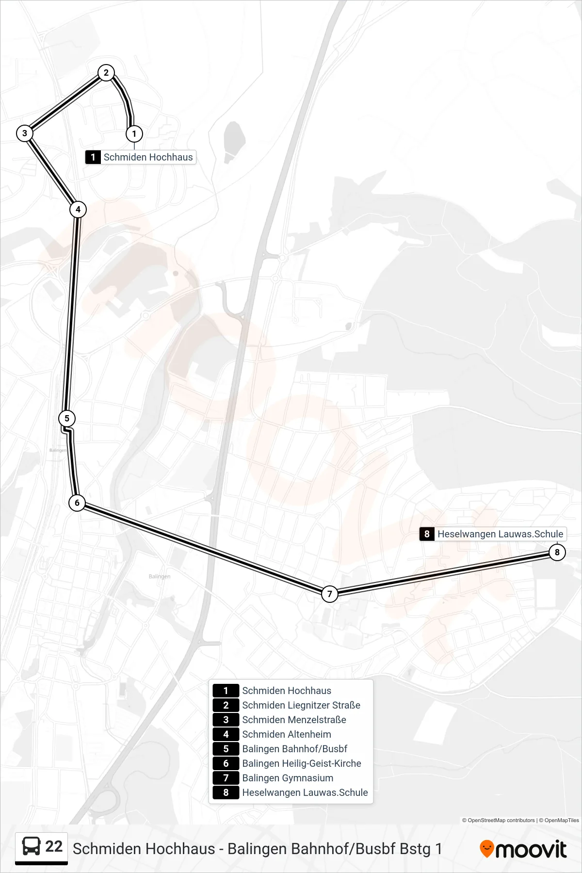 22 bus Line (Heselwangen Lauwas.Schule) route and stops on a map