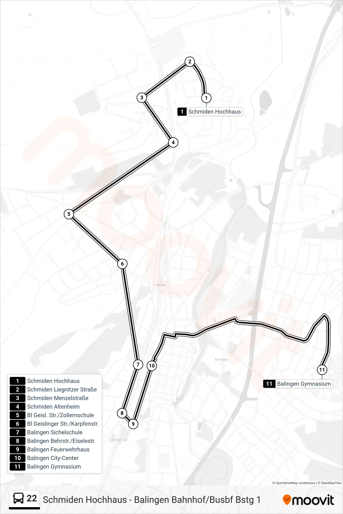 22 bus Line (Balingen Gymnasium) route and stops on a map