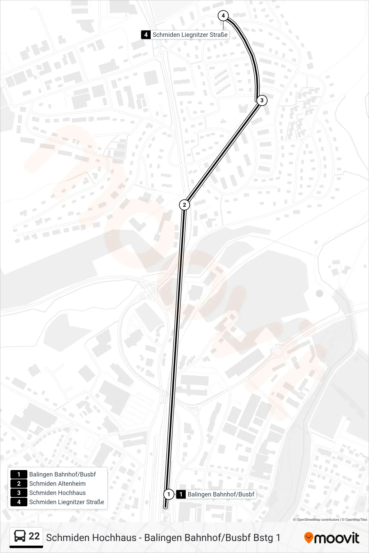 22 bus Line (Schmiden Liegnitzer Straße) route and stops on a map