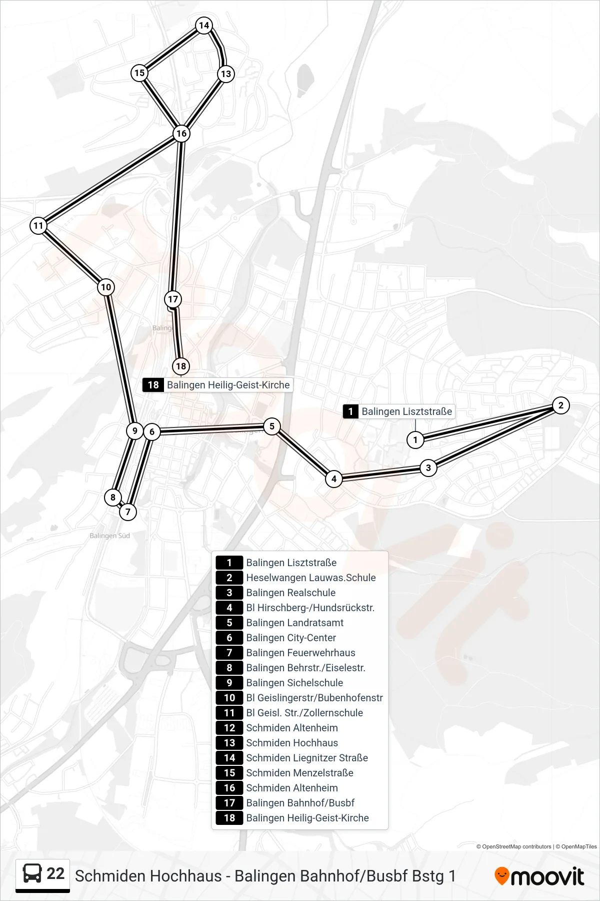 Linie 22 (Bus) Richtung Balingen Heilig-Geist-Kirche: Route und Haltestellen auf der Karte