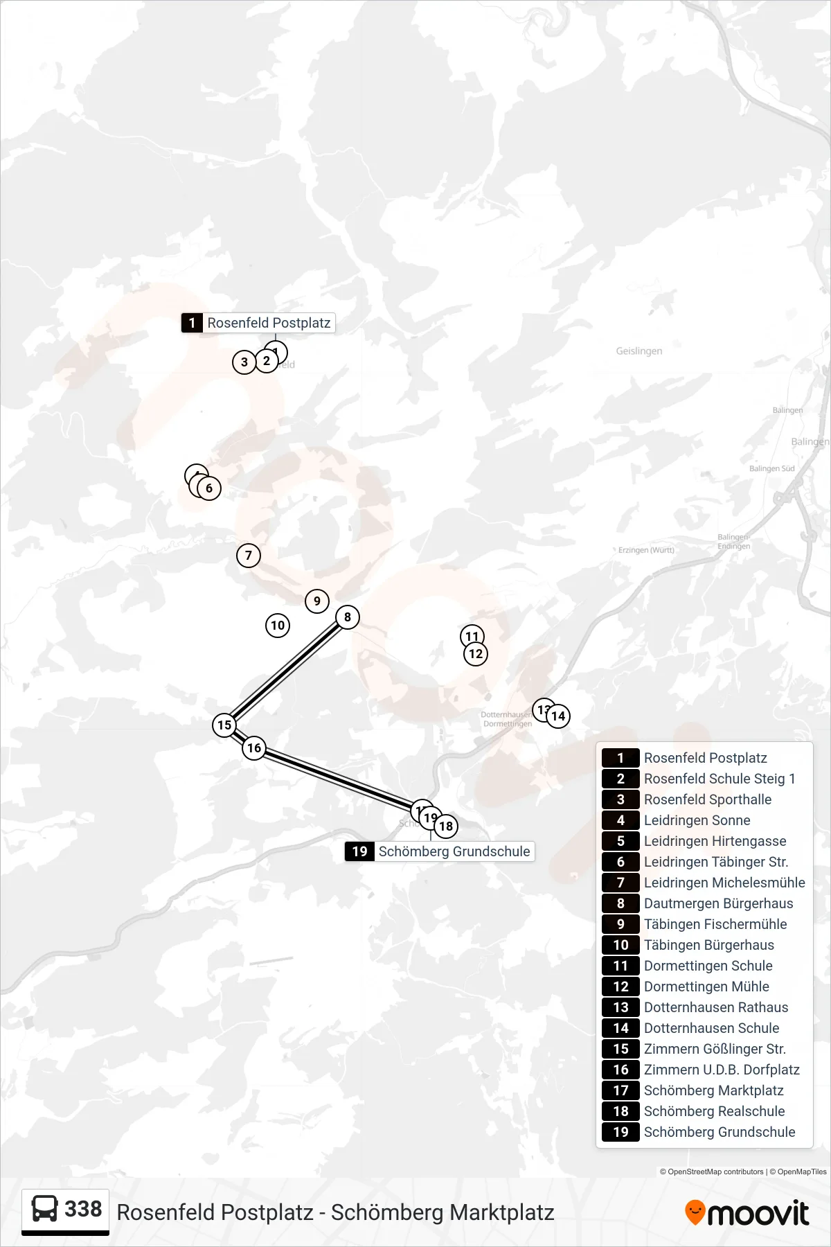 338 bus Line (Schömberg Grundschule) route and stops on a map