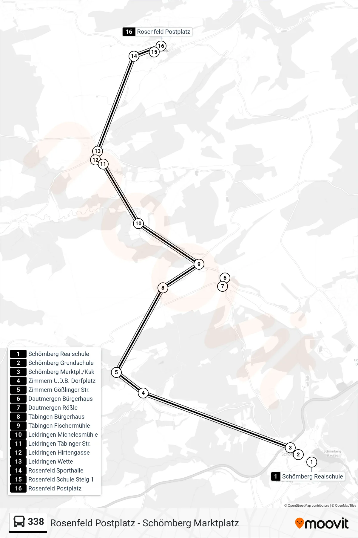 Linie 338 (Bus) Richtung Rosenfeld Postplatz: Route und Haltestellen auf der Karte