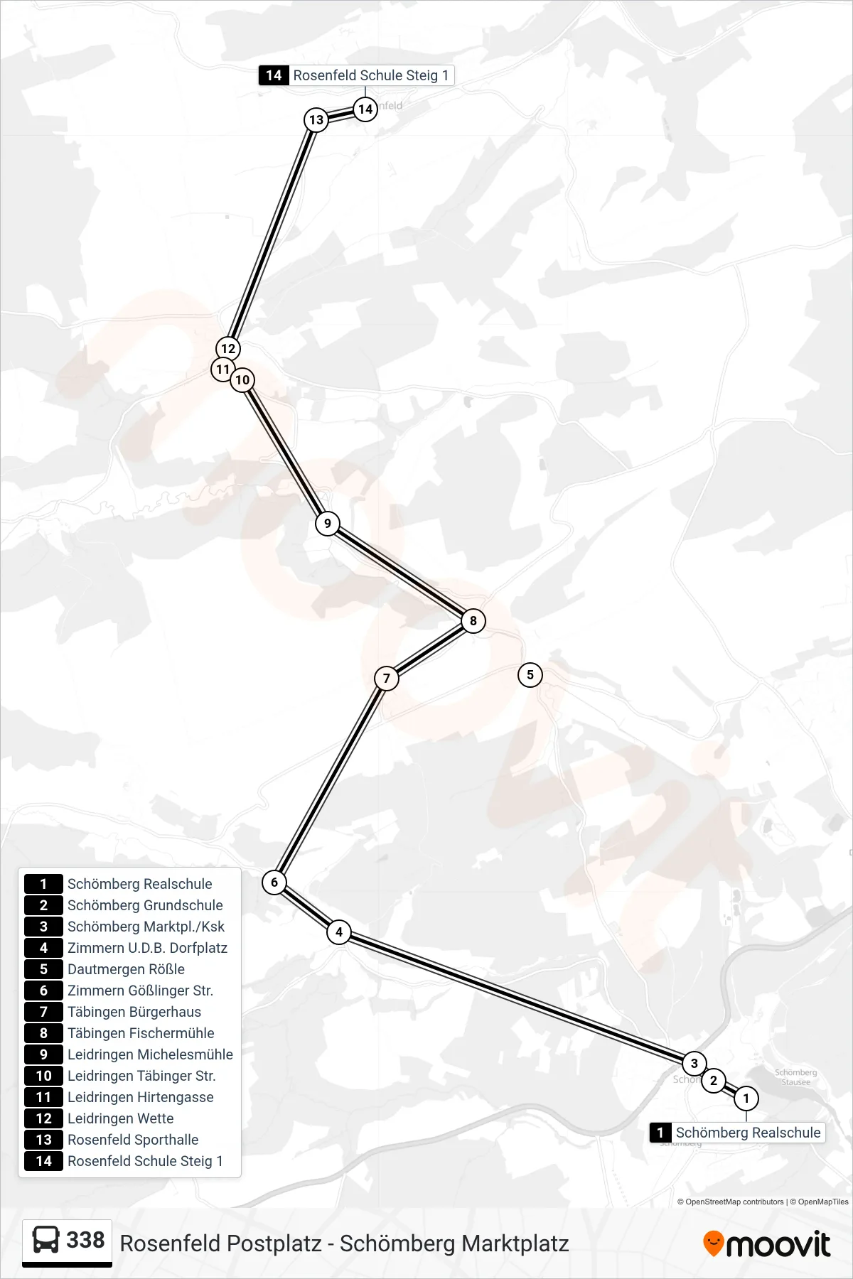 338 bus Line (Rosenfeld Schule) route and stops on a map