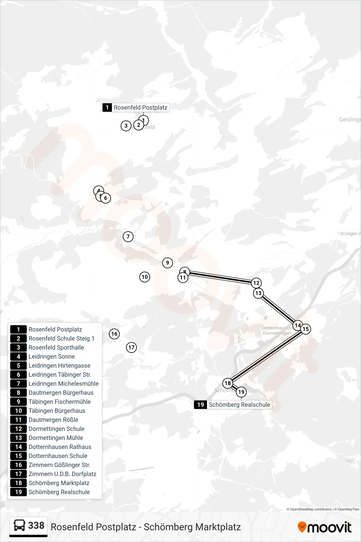 338 bus Line (Schömberg Realschule) route and stops on a map