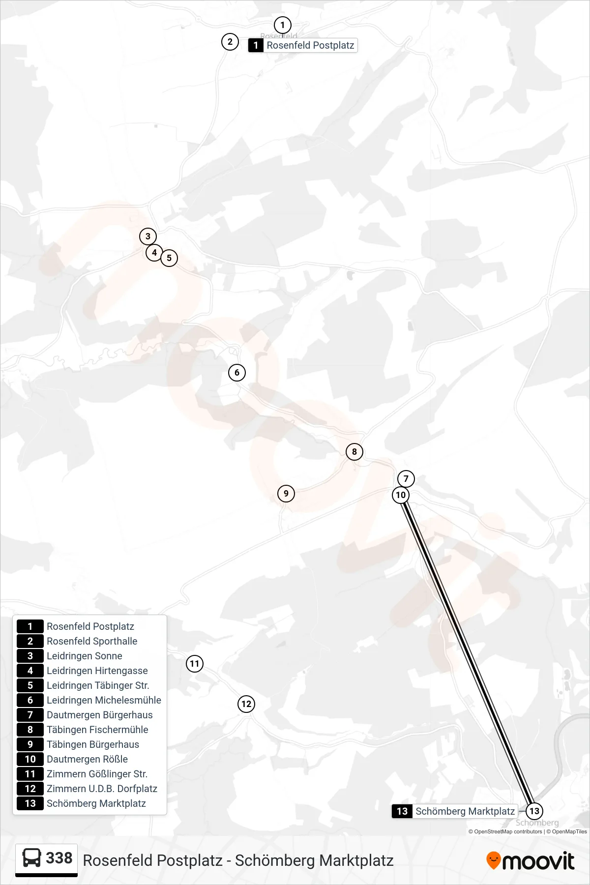 338 bus Line (Schömberg Marktplatz) route and stops on a map