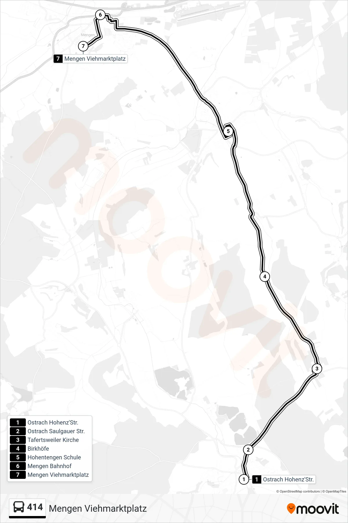 414 bus Line (Mengen Viehmarktplatz) route and stops on a map