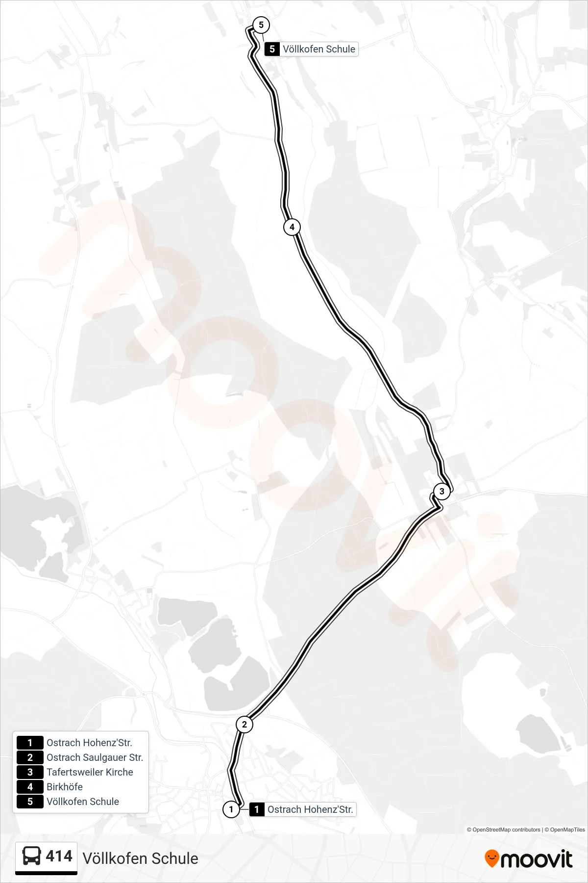 414 bus Line (Völlkofen Schule) route and stops on a map