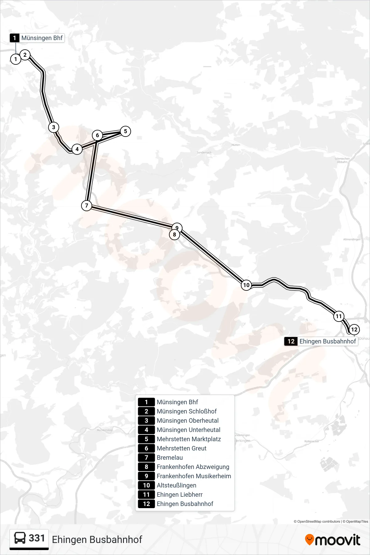 Linie 331 (Bus) Richtung Ehingen Busbahnhof: Route und Haltestellen auf der Karte