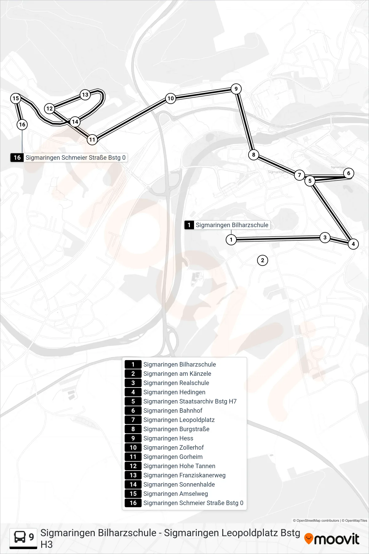 9 bus Line (Sigmaringen Schmeier Straße) route and stops on a map