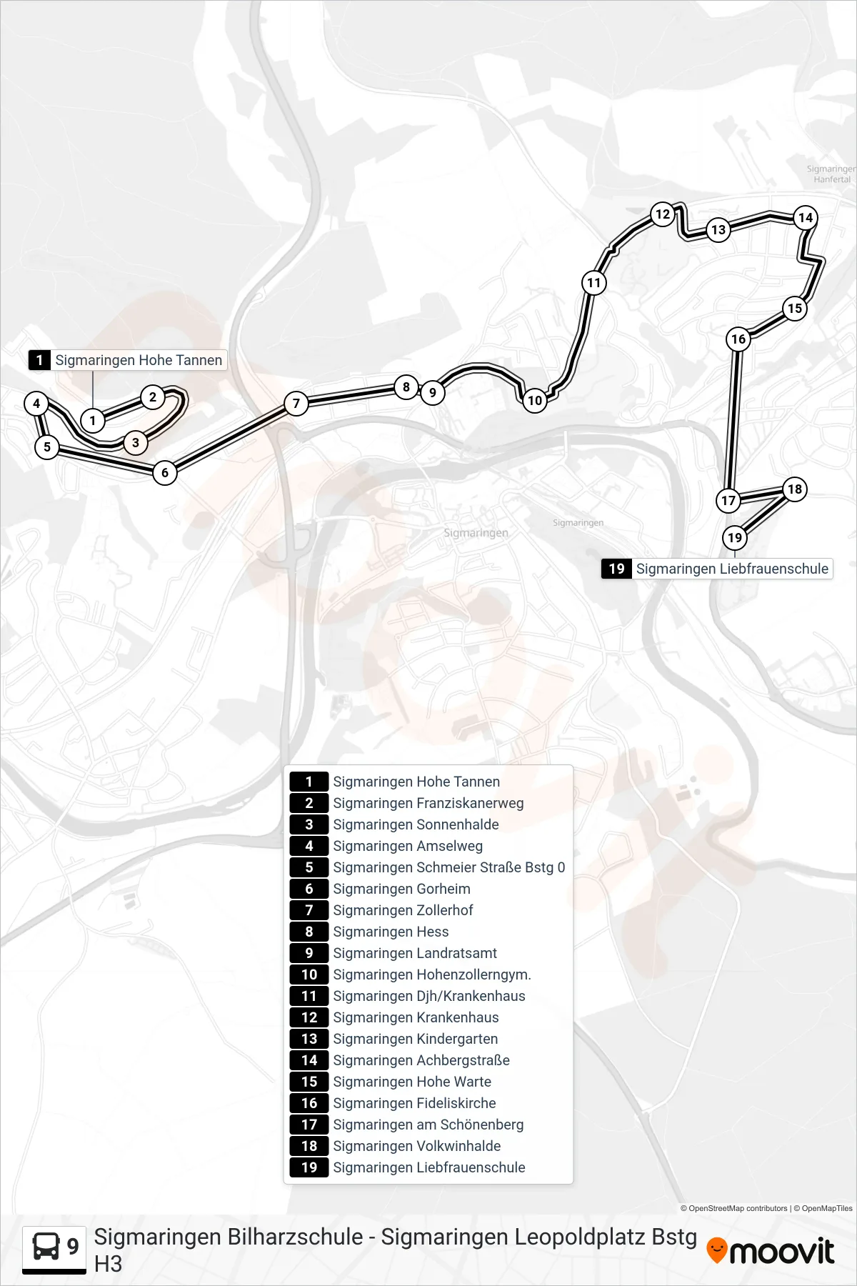 9 bus Line (Sigmaringen Liebfrauenschule) route and stops on a map
