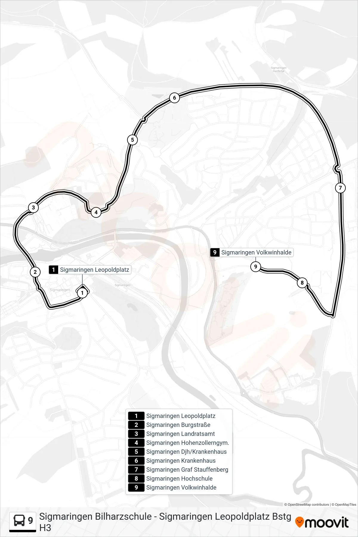 9 bus Line (Sigmaringen Volkwinhalde) route and stops on a map