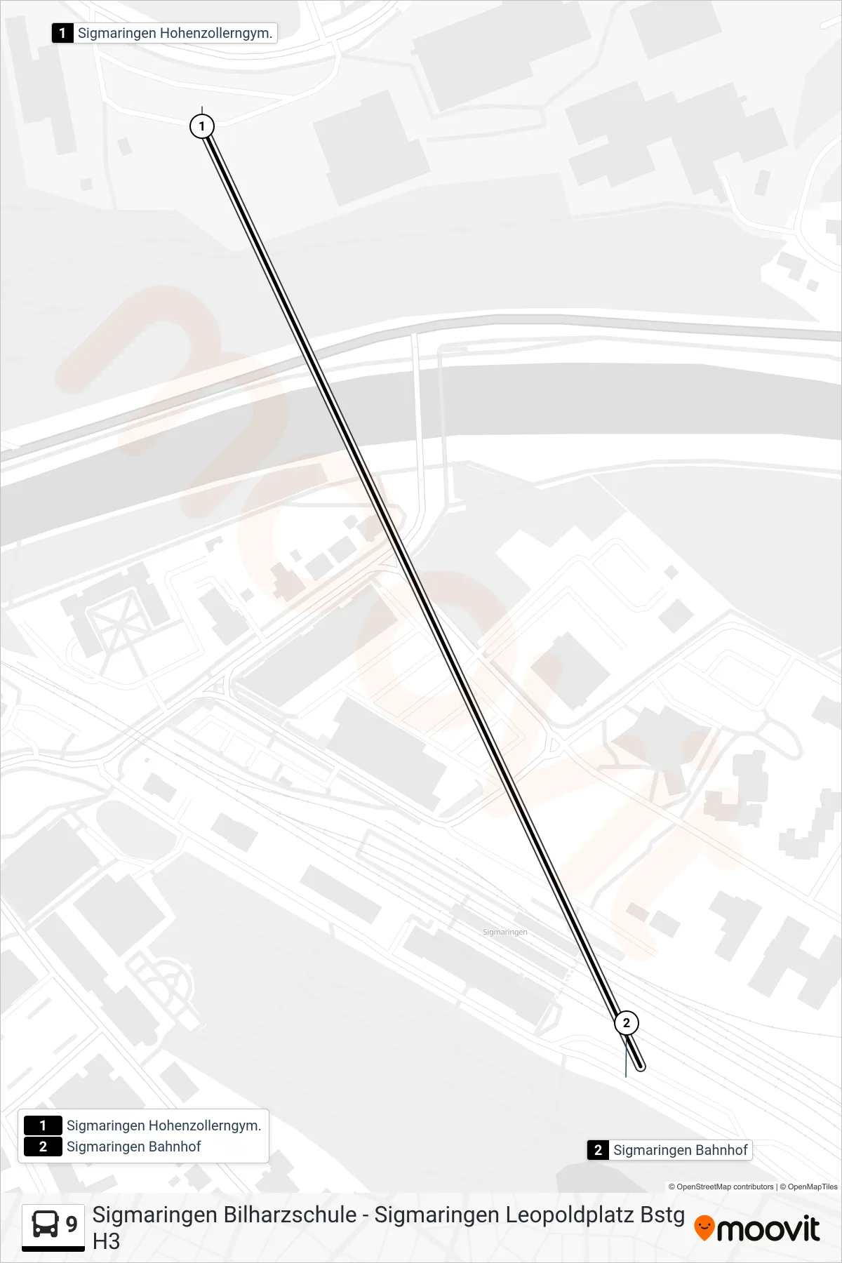 9 bus Line (Sigmaringen Bahnhof) route and stops on a map
