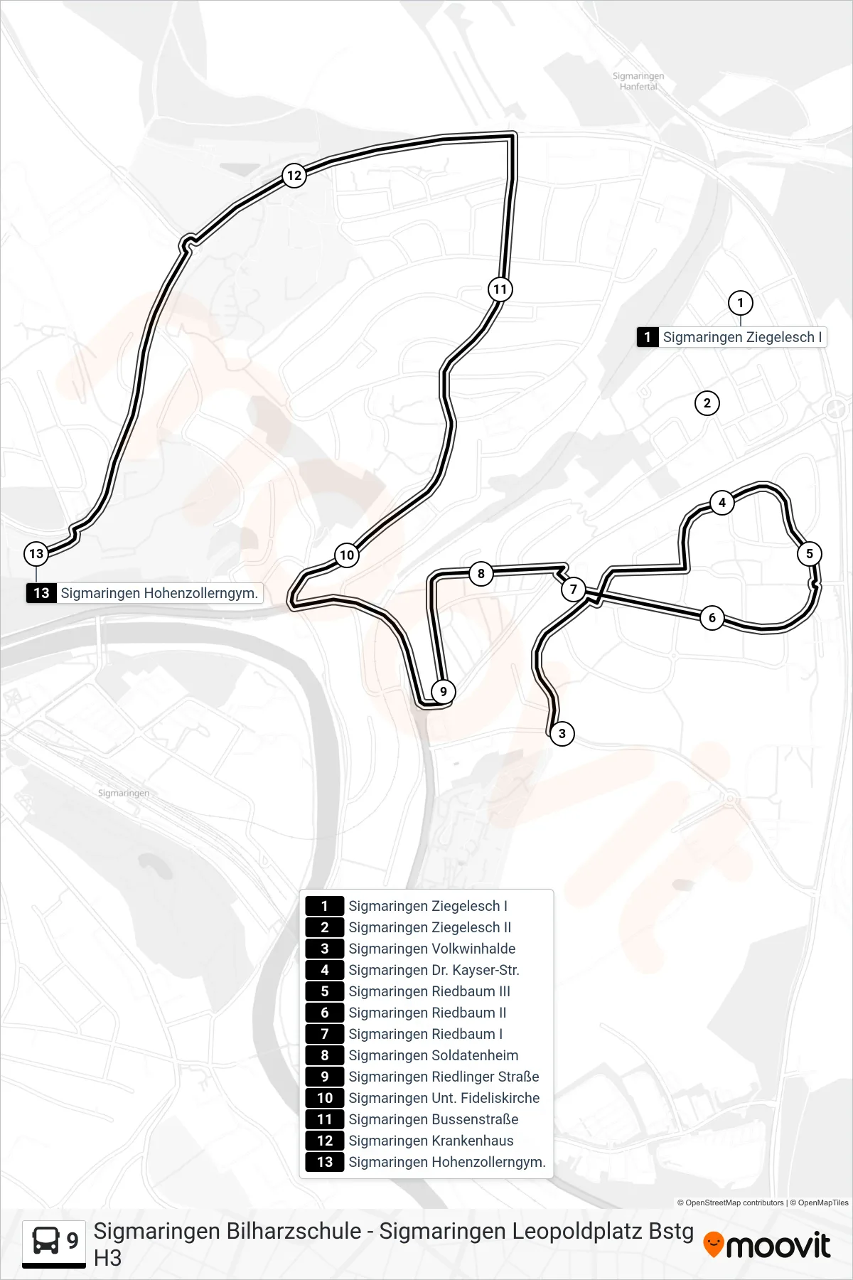 9 bus Line (Sigmaringen Hohenzollerngym.) route and stops on a map