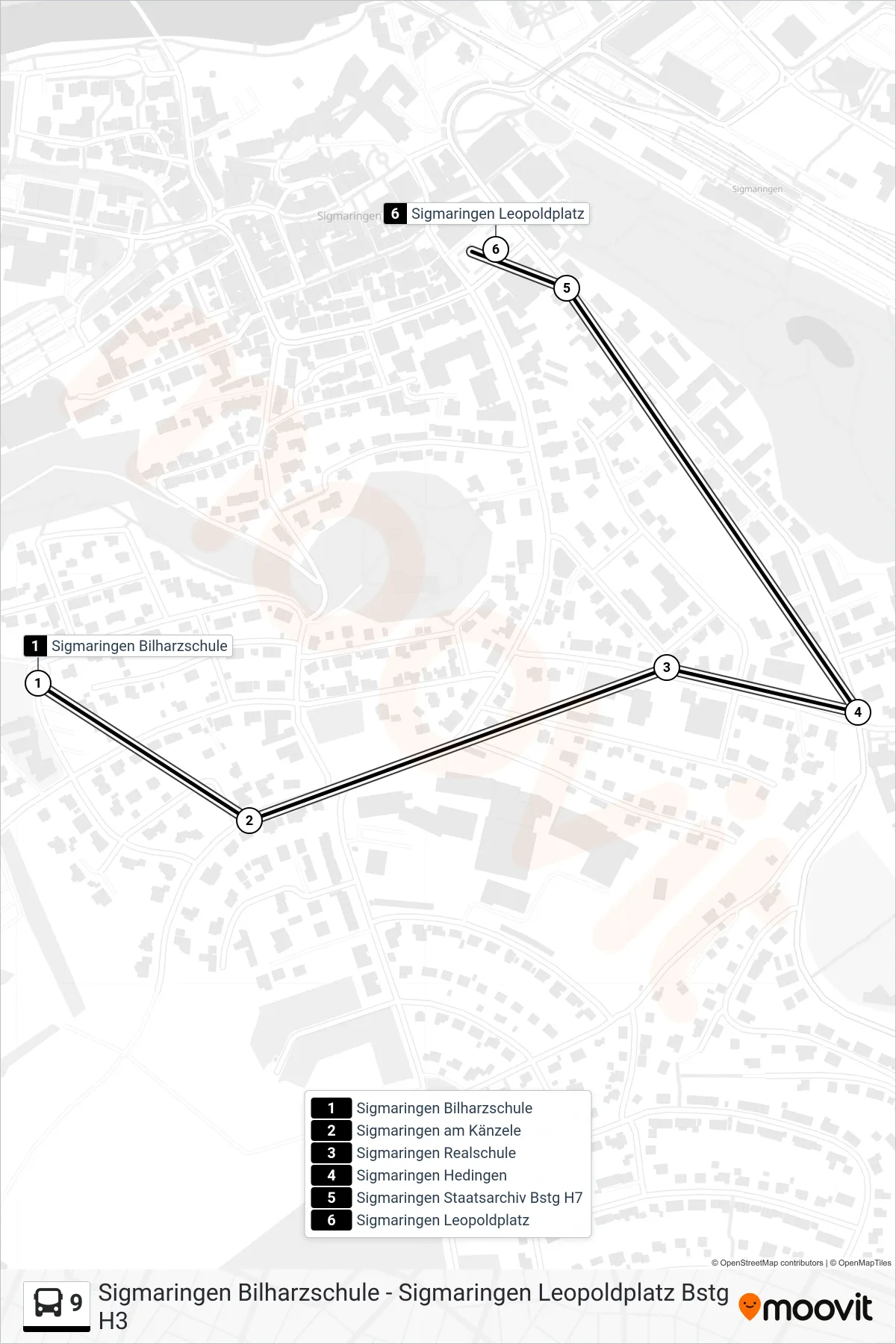 9 bus Line (Sigmaringen Leopoldplatz) route and stops on a map