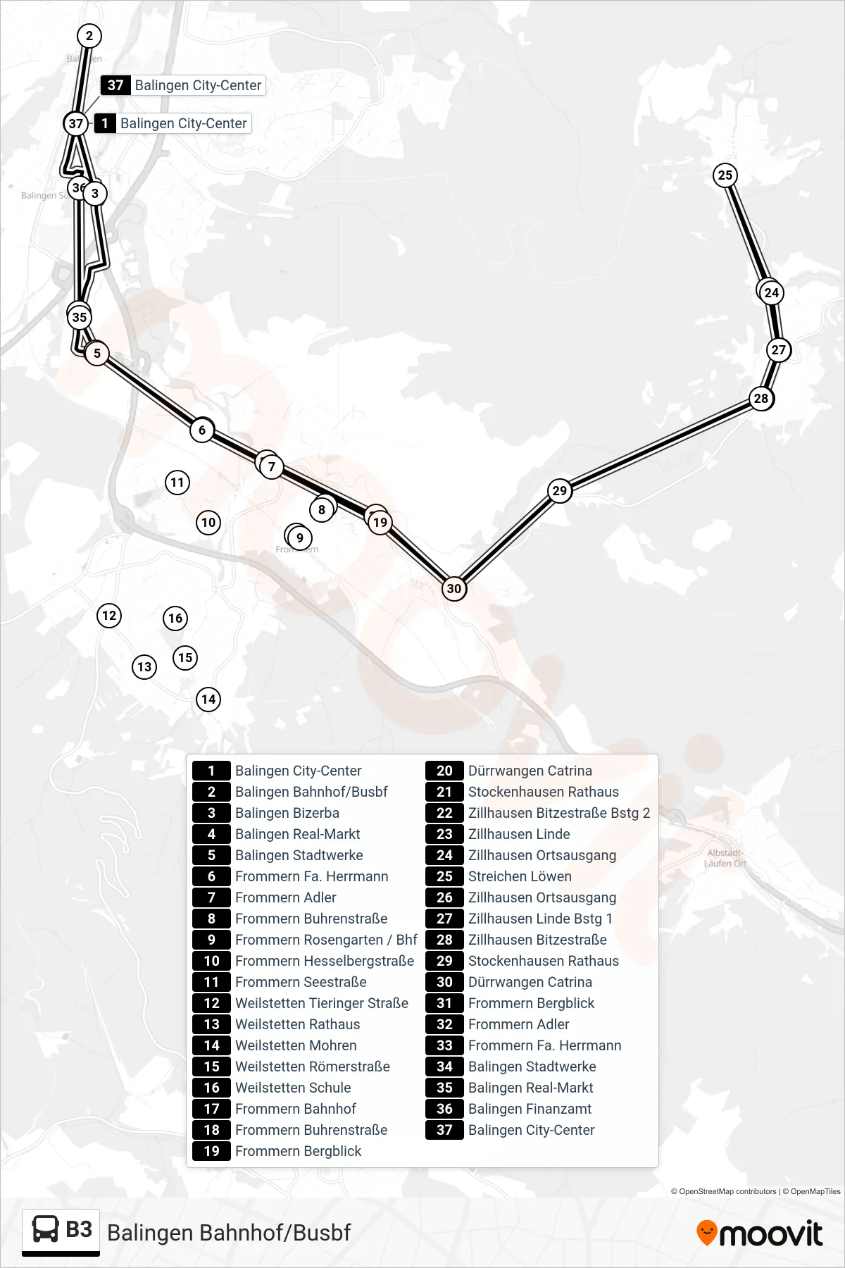 Linie B3 (Bus) Richtung Balingen Bahnhof/Busbf: Route und Haltestellen auf der Karte