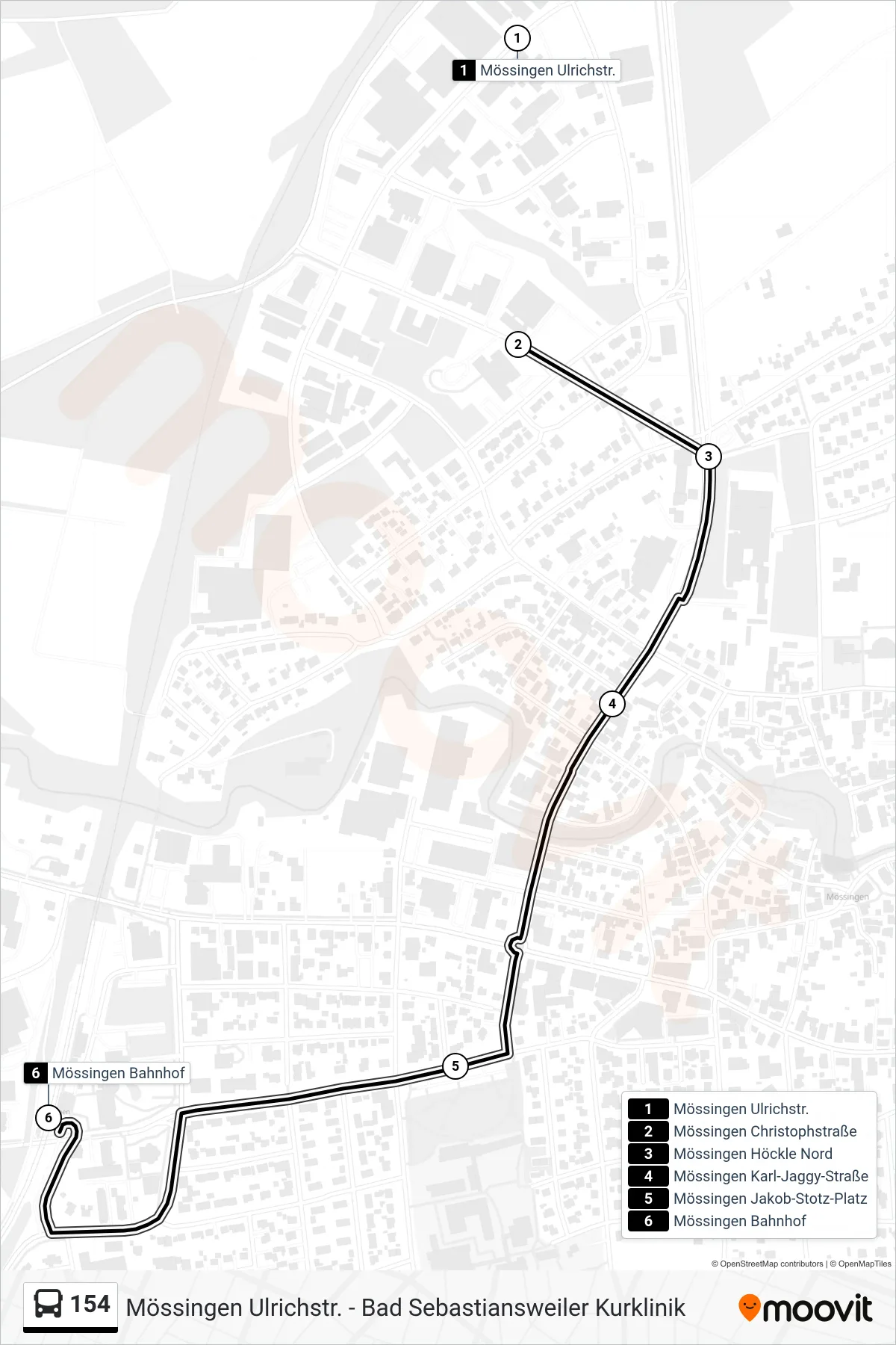 154 bus Line (Mössingen Bahnhof) route and stops on a map