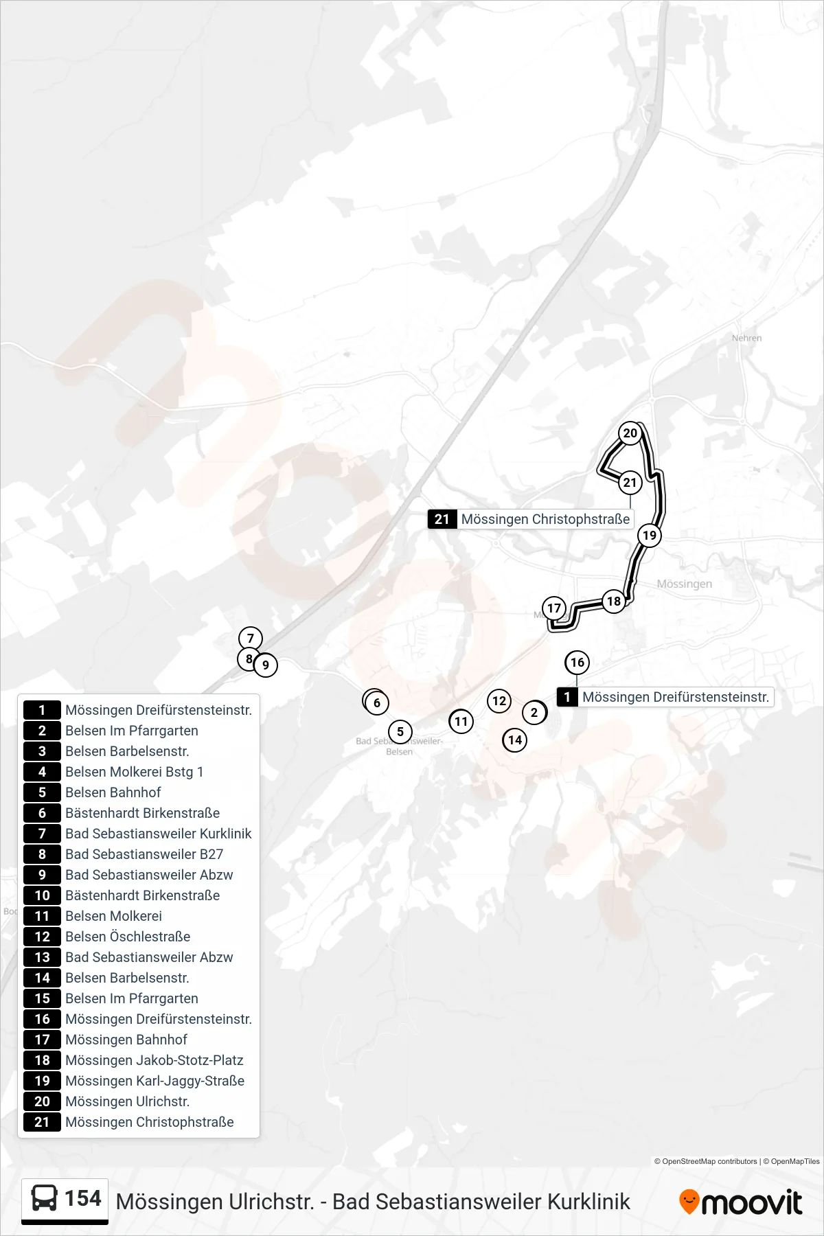154 bus Line (Mössingen Christophstraße) route and stops on a map