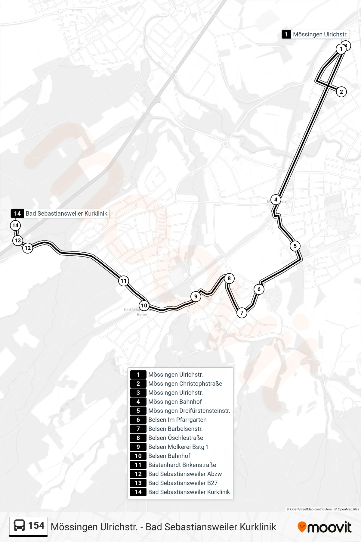 154 bus Line (Bad Sebastiansweiler Kurklinik) route and stops on a map