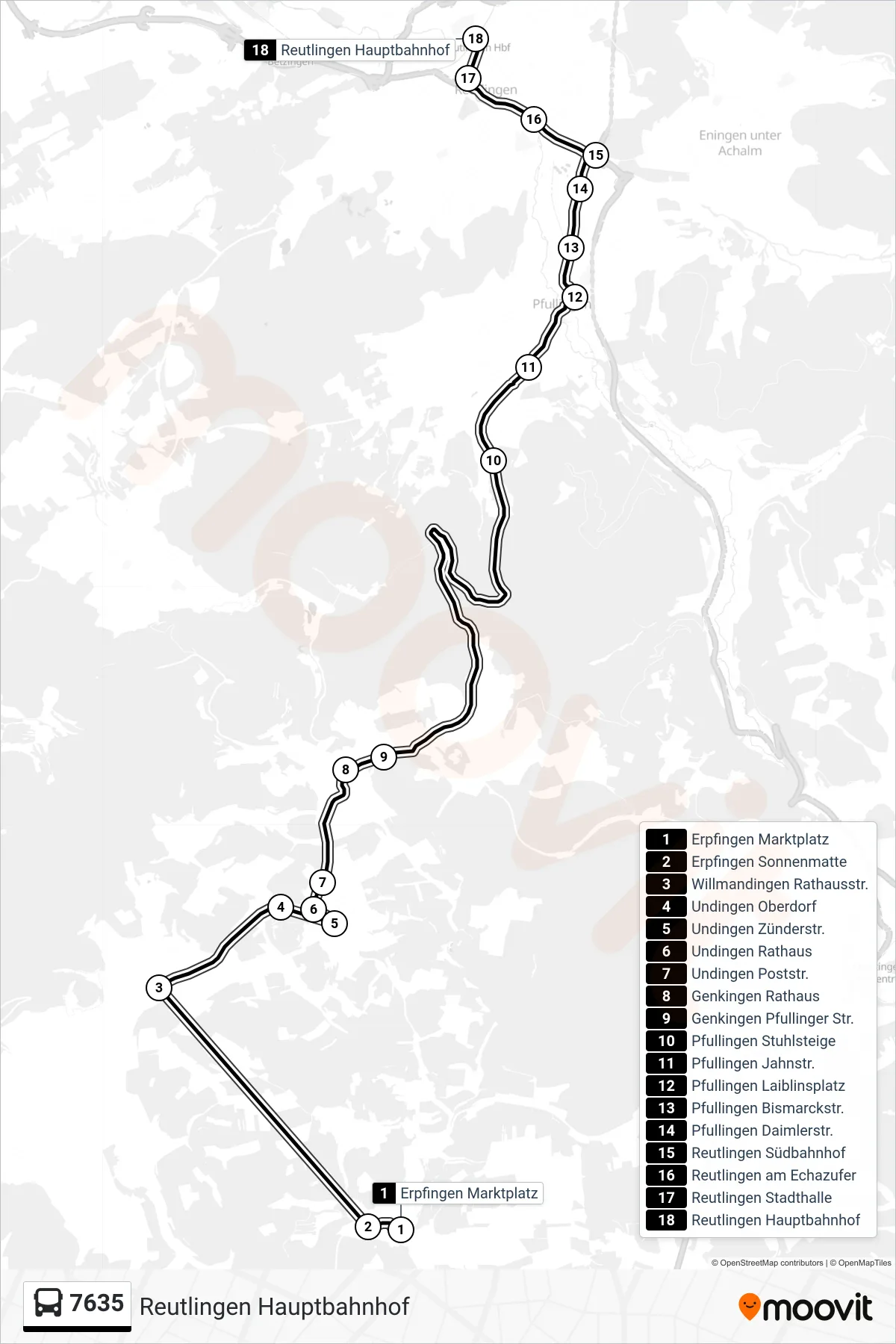 7635 bus Line (Reutlingen Hauptbahnhof) route and stops on a map