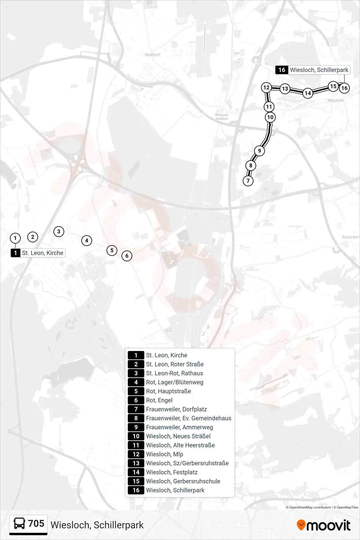 705 bus Line (Wiesloch, Schillerpark) route and stops on a map