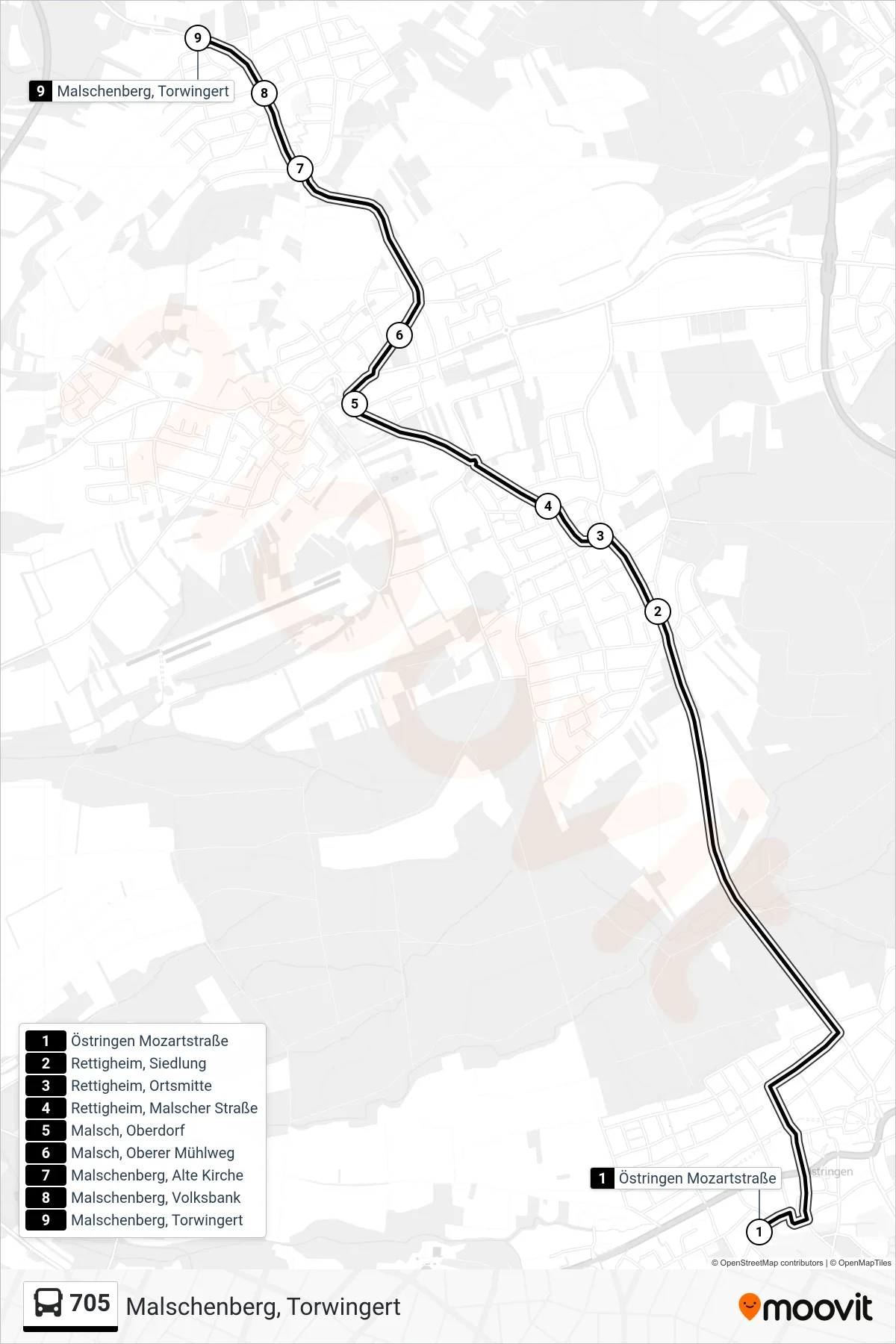 Linie 705 (Bus) Richtung Malschenberg, Torwingert: Route und Haltestellen auf der Karte