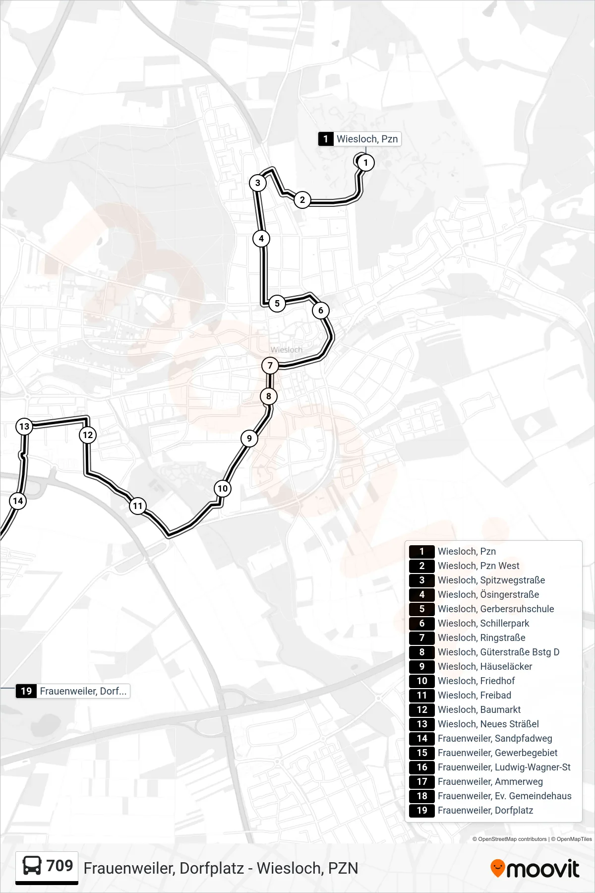 709 bus Line (Frauenweiler, Dorfplatz) route and stops on a map
