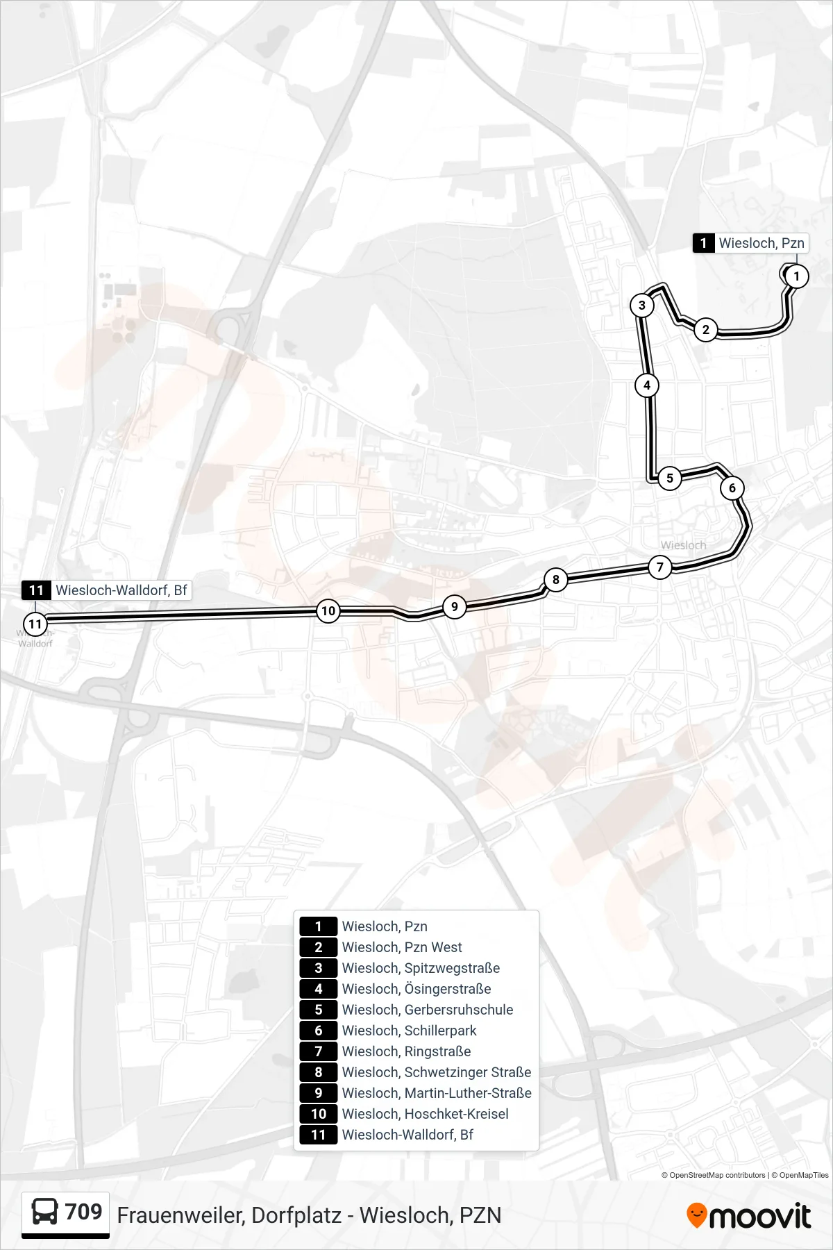 Linie 709 (Bus) Richtung Wiesloch-Walldorf, Bf: Route und Haltestellen auf der Karte